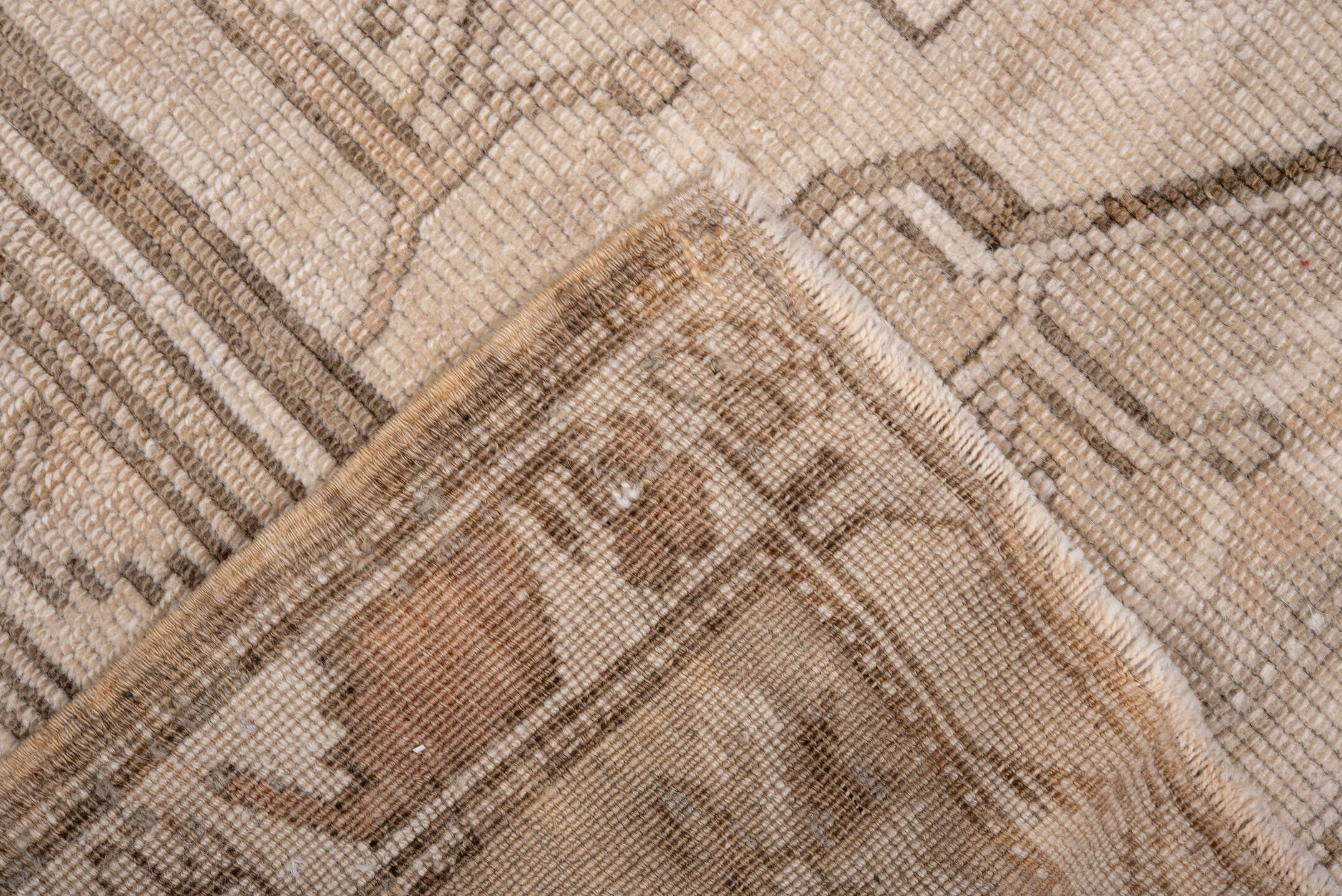 4' x 7' one-of-a-kind handmade antique Oushak rug. Color palette: ivory, taupe, beige, camel, brown, rose, sage, gray, pink