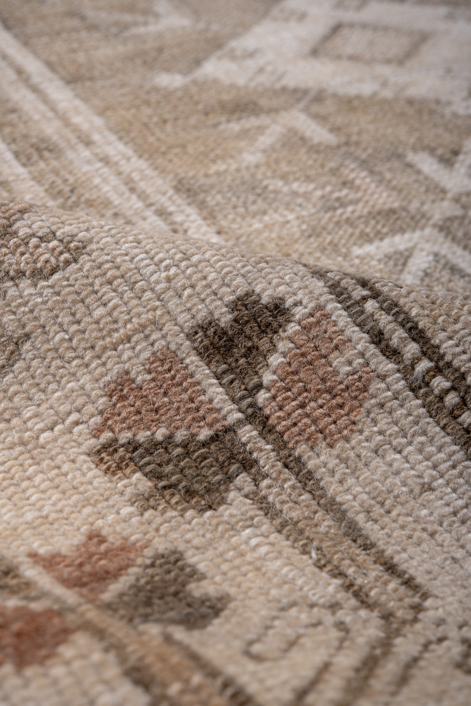 4' x 7' one-of-a-kind handmade antique Oushak rug. Color palette: ivory, taupe, beige, camel, brown, rose, sage, gray, pink