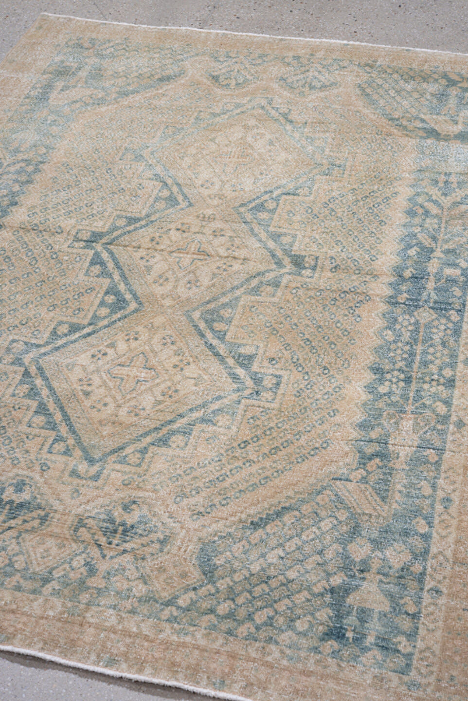 4' x 6' one-of-a-kind handmade antique Afshar small size rug. Color palette: ivory, pale blue, sand, beige, taupe