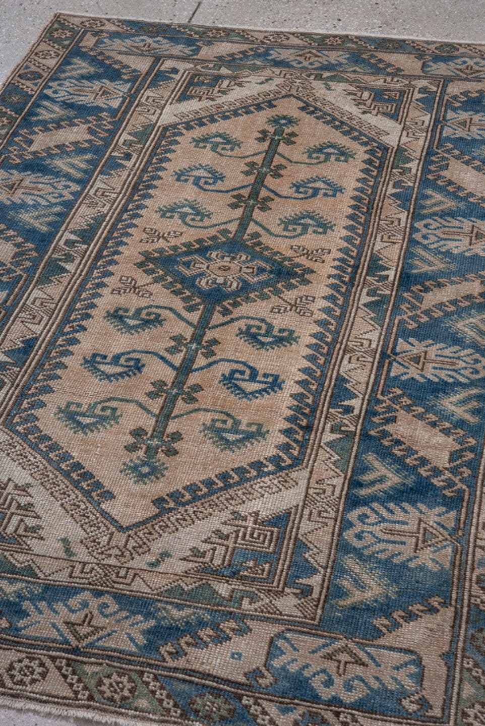3' x 5' one-of-a-kind handmade antique Oushak small size rug. Color palette: ivory, sky blue, teal, taupe, brown, sage