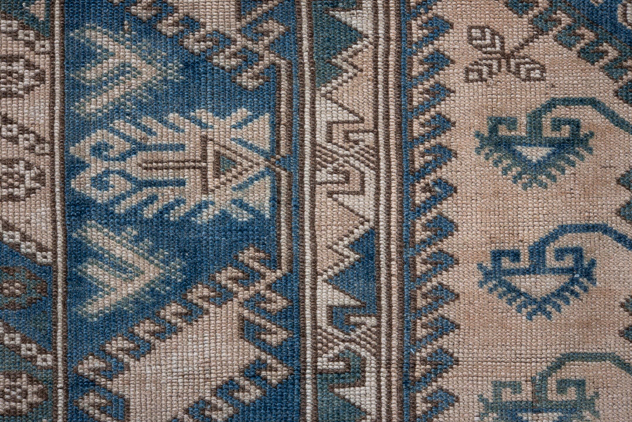 3' x 5' one-of-a-kind handmade antique Oushak small size rug. Color palette: ivory, sky blue, teal, taupe, brown, sage