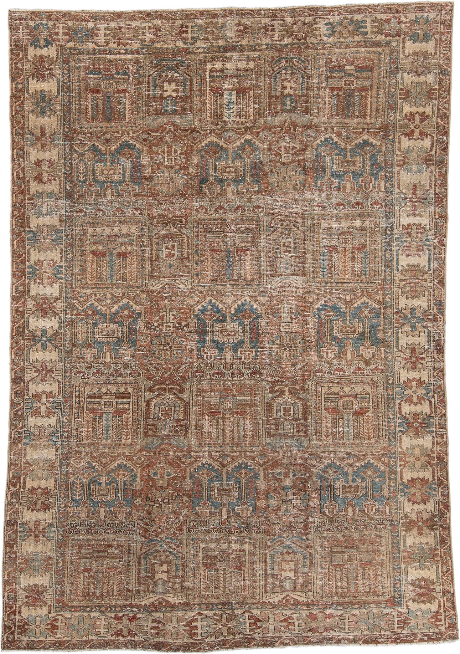 6' x 9' one-of-a-kind handmade vintage Baktiary medium size rug. Color palette: rust, ivory, muted blue, taupe, camel