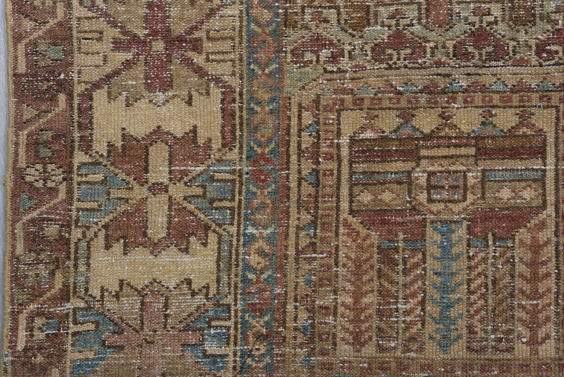 6' x 9' one-of-a-kind handmade vintage Baktiary medium size rug. Color palette: rust, ivory, muted blue, taupe, camel
