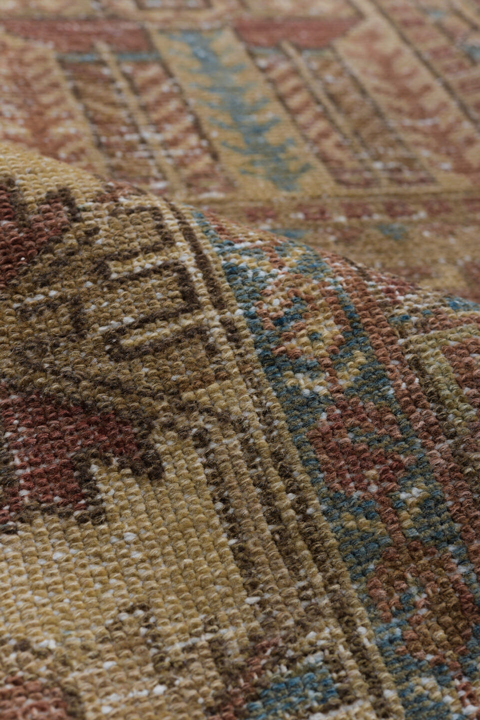 6' x 9' one-of-a-kind handmade vintage Baktiary medium size rug. Color palette: rust, ivory, muted blue, taupe, camel