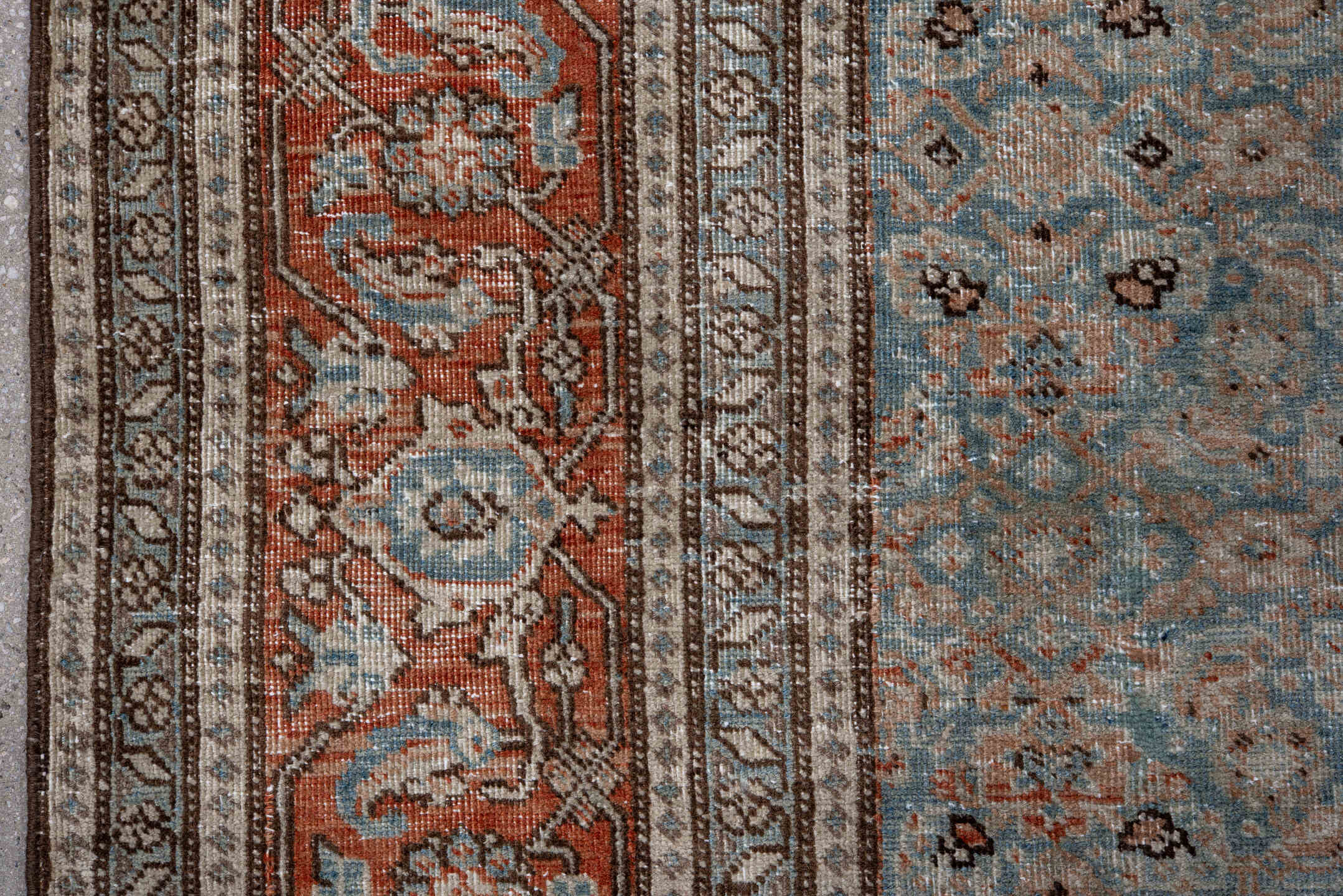 6' x 9' one-of-a-kind handmade vintage Tabriz medium size rug. Color palette: pale blue, rust, ivory, taupe, slate, charcoal