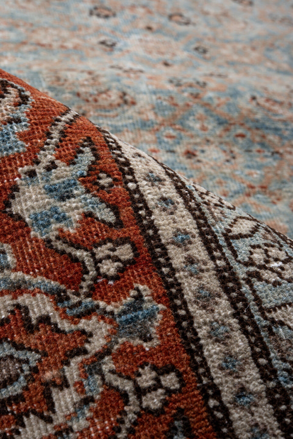 6' x 9' one-of-a-kind handmade vintage Tabriz medium size rug. Color palette: pale blue, rust, ivory, taupe, slate, charcoal