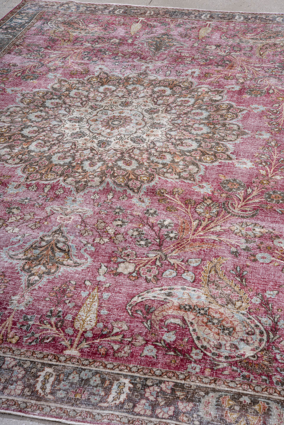 7' x 11' one-of-a-kind handmade vintage Khorassan large size rug. Color palette: blue, brown, gainsboro, gray