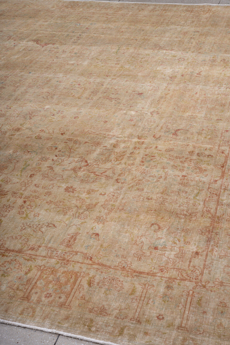 9' x 12' one-of-a-kind handmade vintage Tabriz large size rug. Color palette: ivory, blush, rose, sage, taupe, gold, peach