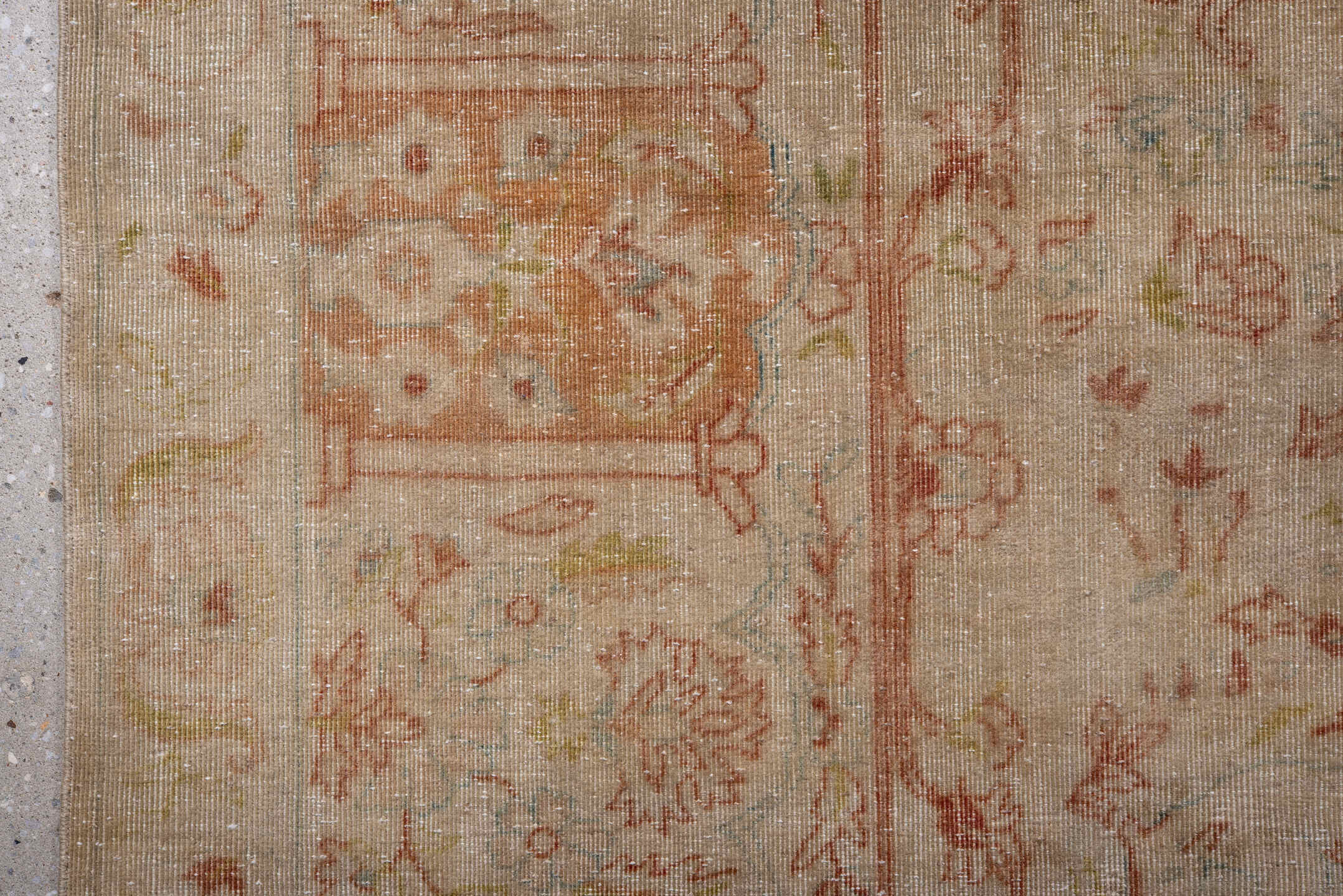 9' x 12' one-of-a-kind handmade vintage Tabriz large size rug. Color palette: ivory, blush, rose, sage, taupe, gold, peach