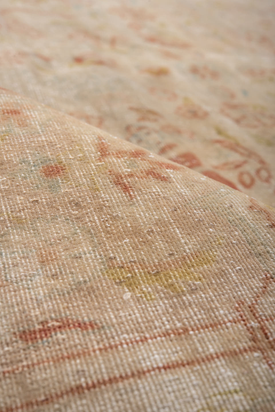 9' x 12' one-of-a-kind handmade vintage Tabriz large size rug. Color palette: ivory, blush, rose, sage, taupe, gold, peach