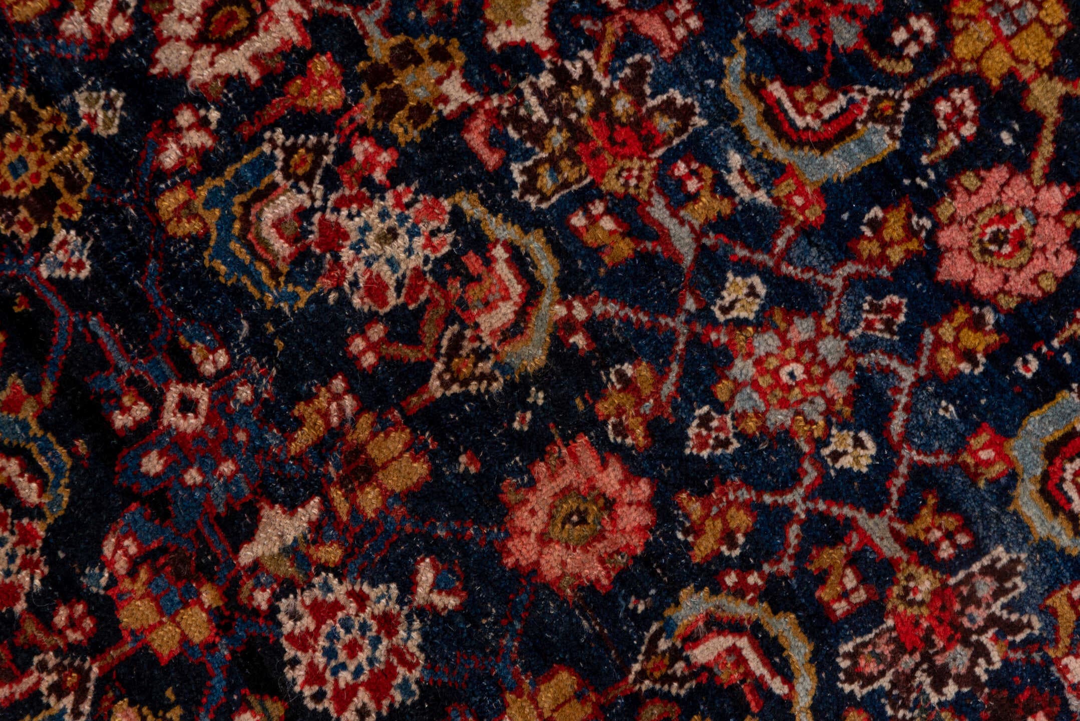 4' x 12' one-of-a-kind handmade antique Bidjar runner rug. Color palette: navy, ivory, rust, terracotta, indigo, camel, rose
