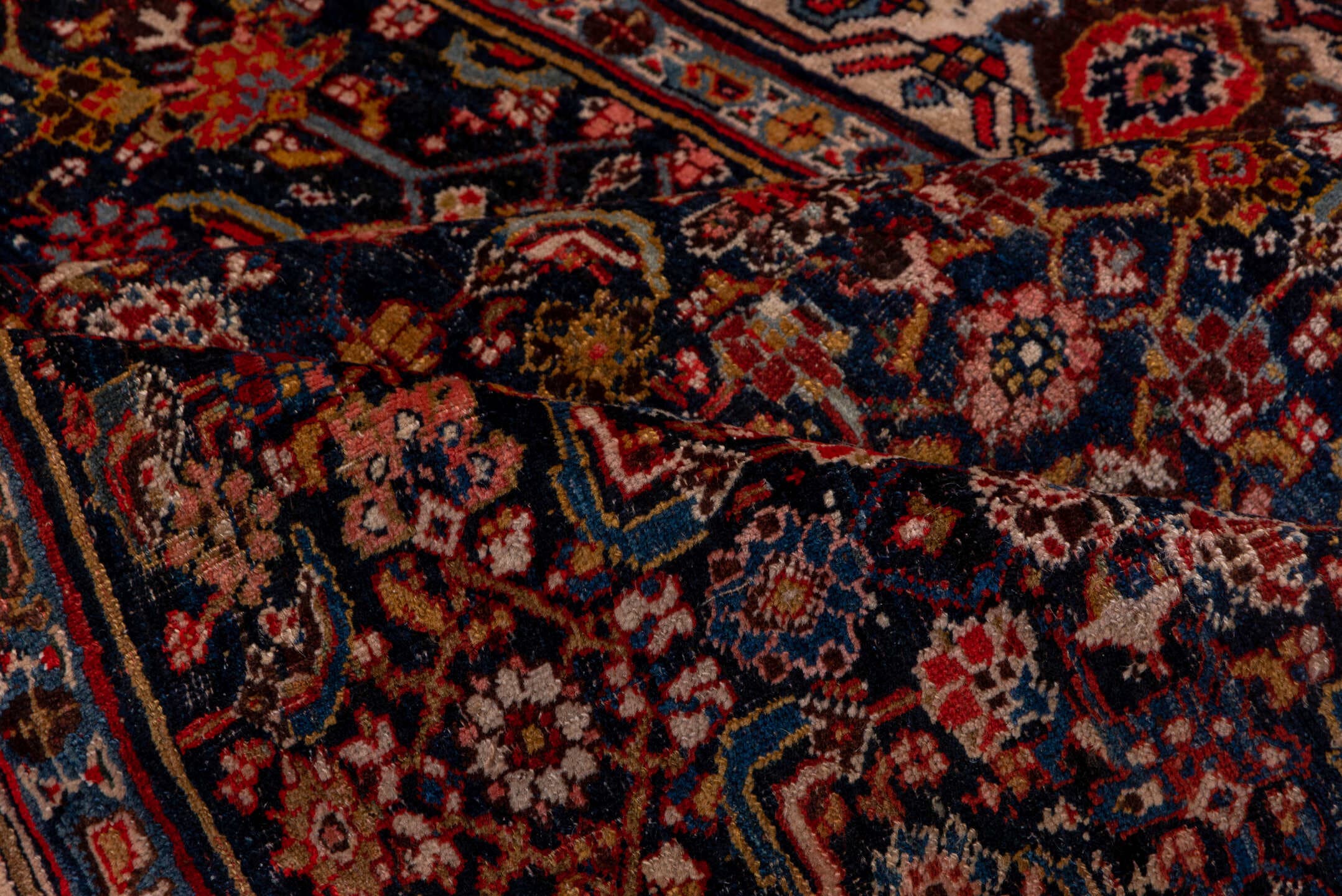 4' x 12' one-of-a-kind handmade antique Bidjar runner rug. Color palette: navy, ivory, rust, terracotta, indigo, camel, rose