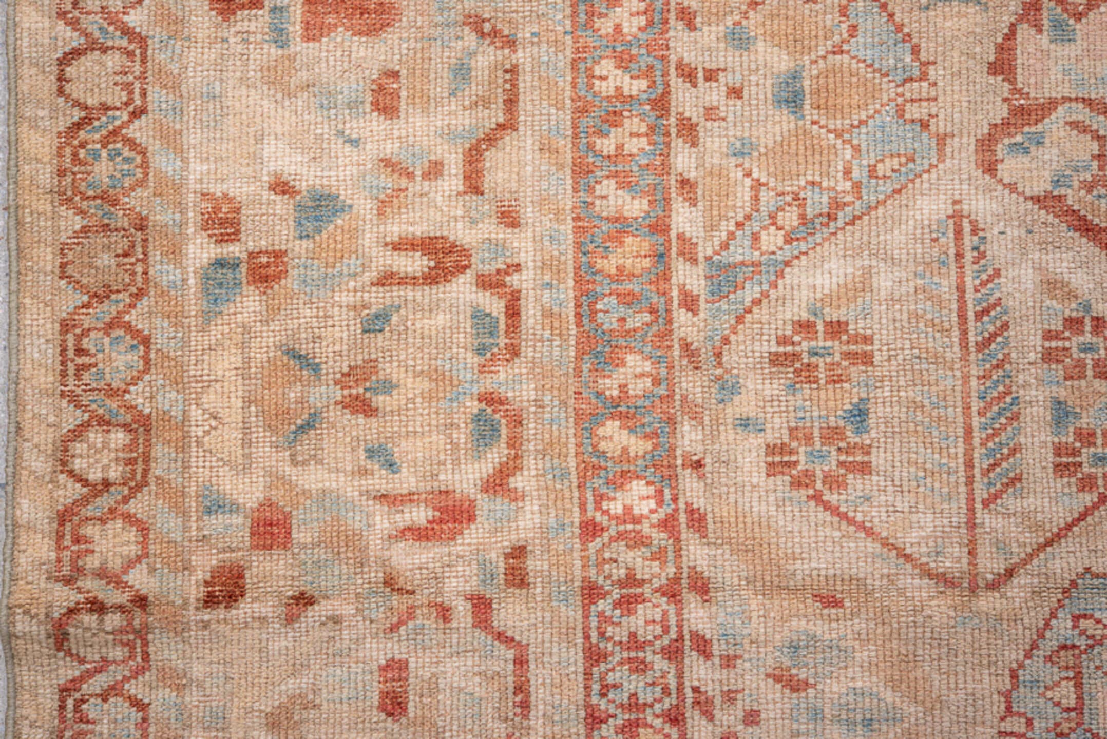 6' x 9' one-of-a-kind handmade antique Baktiary medium size rug. Color palette: ivory, blush, pale blue, rose, taupe, sage