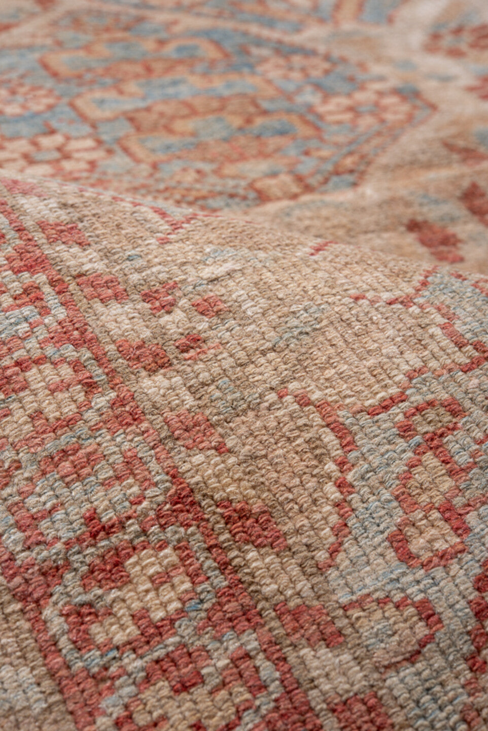 6' x 9' one-of-a-kind handmade antique Baktiary medium size rug. Color palette: ivory, blush, pale blue, rose, taupe, sage