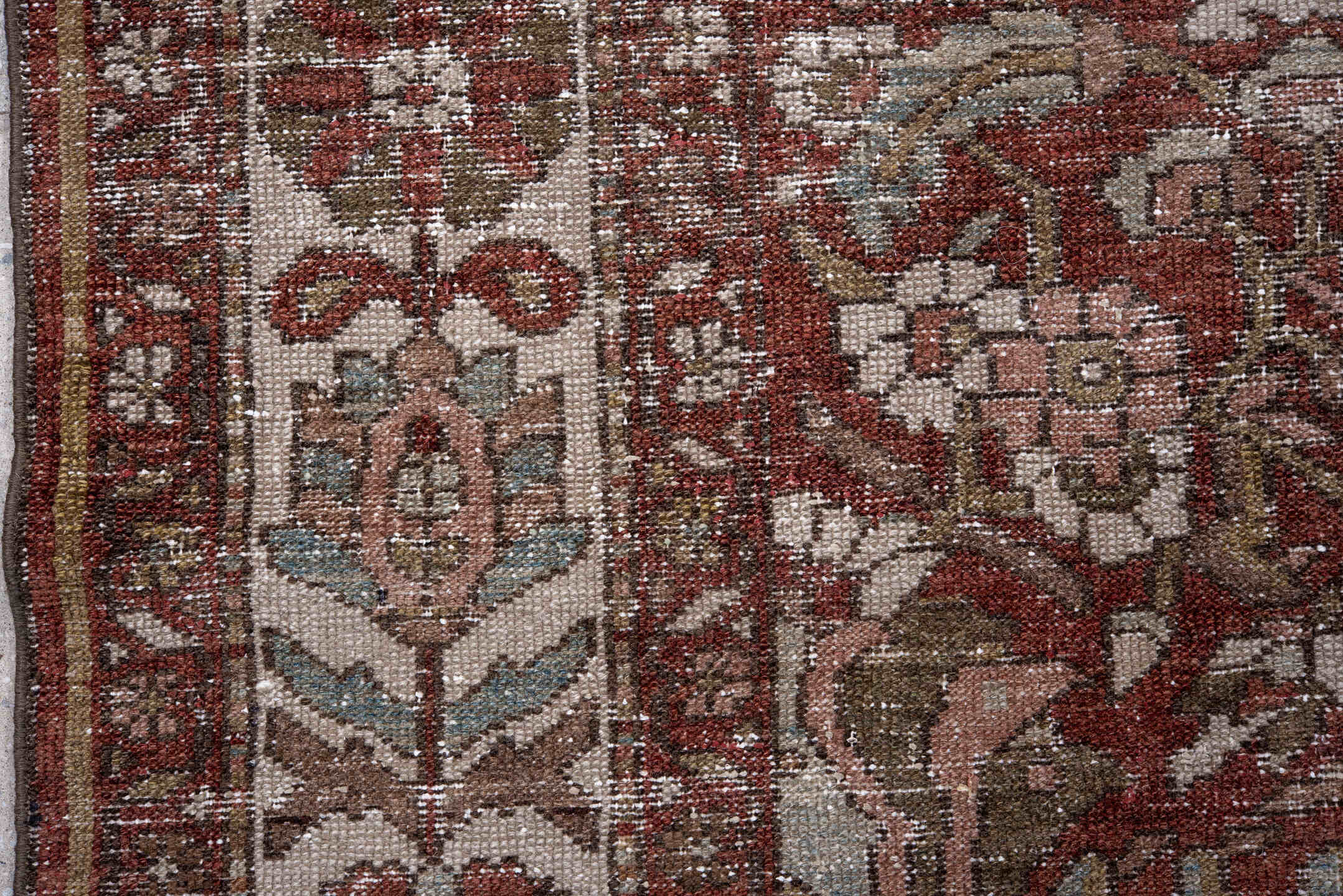 7' x 10' one-of-a-kind handmade antique Baktiary large size rug. Color palette: rust, ivory, taupe, sage, rose, brown, olive