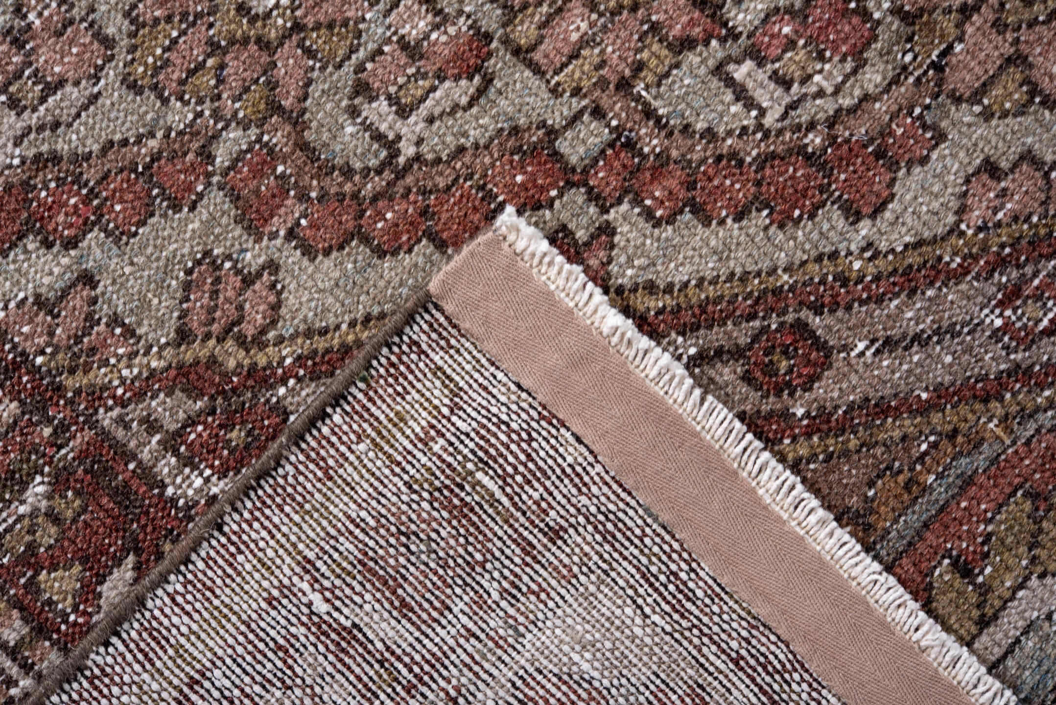 7' x 10' one-of-a-kind handmade antique Baktiary large size rug. Color palette: rust, ivory, taupe, sage, rose, brown, olive
