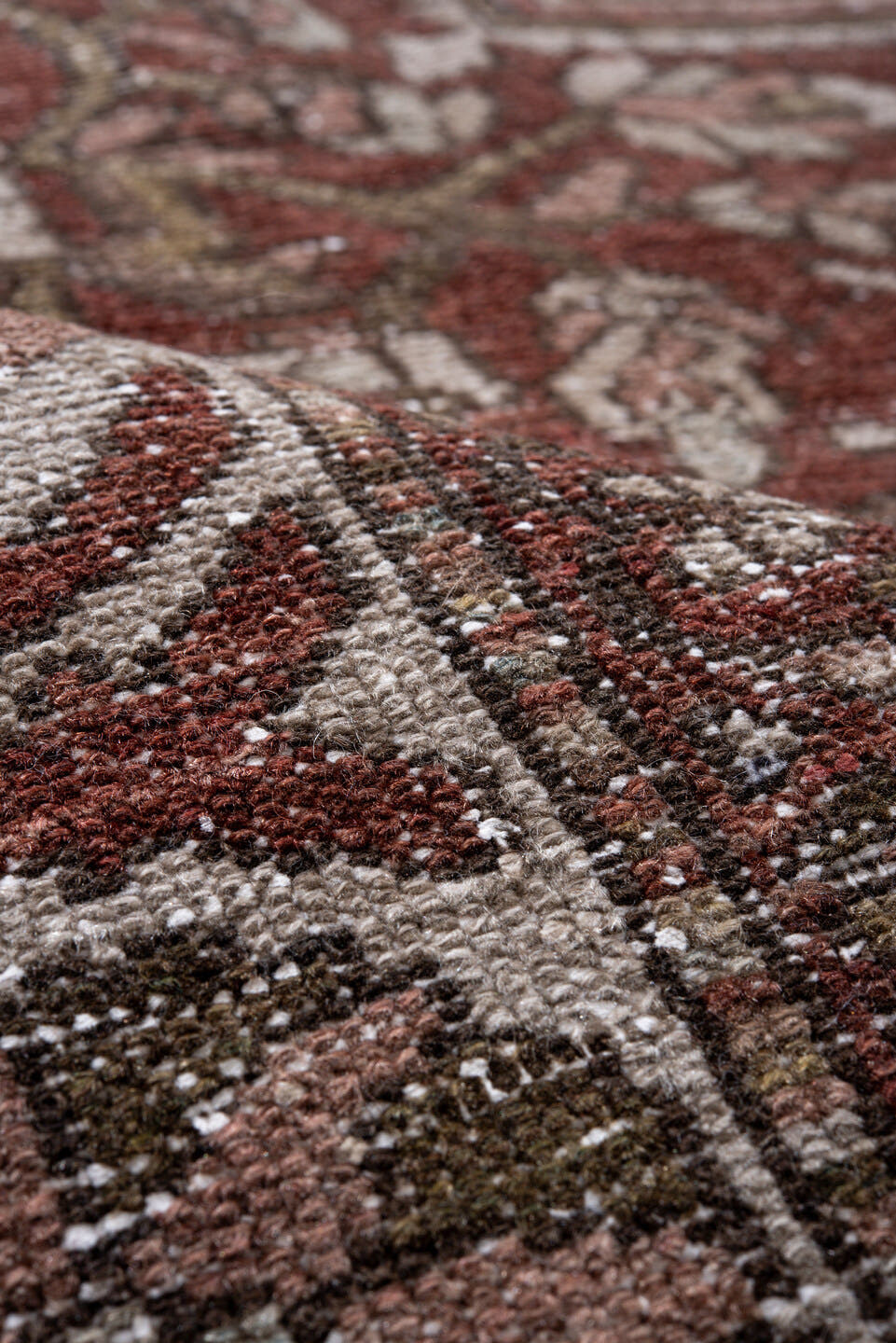 7' x 10' one-of-a-kind handmade antique Baktiary large size rug. Color palette: rust, ivory, taupe, sage, rose, brown, olive