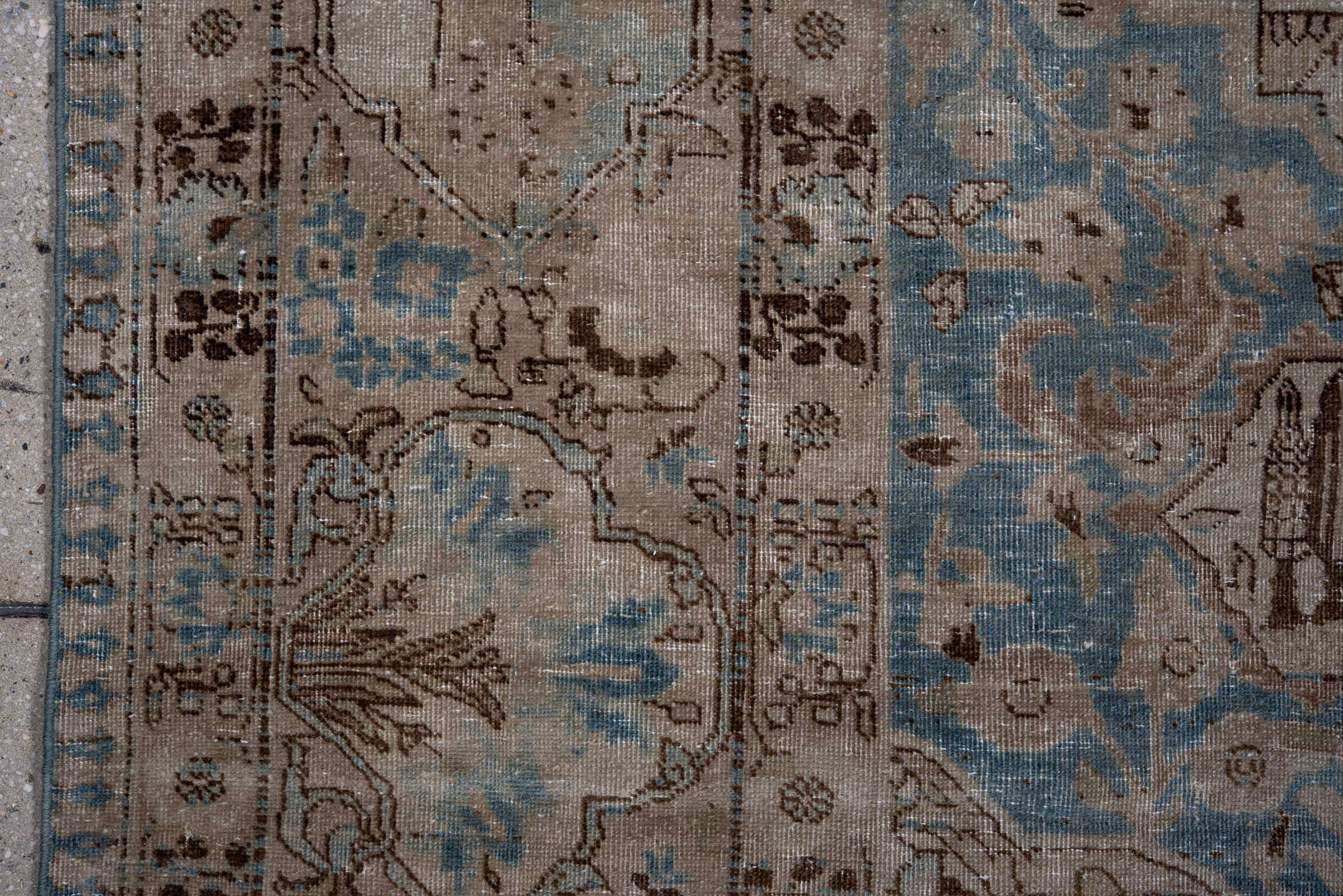 6' x 9' one-of-a-kind handmade antique Tabriz medium size rug. Color palette: sky blue, ivory, taupe, brown, beige