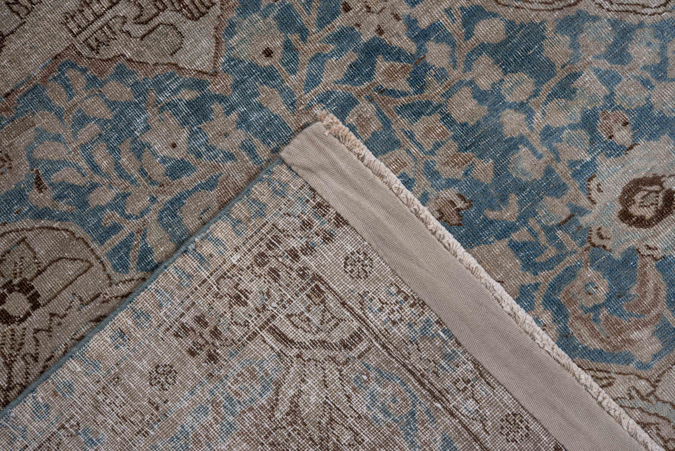 6' x 9' one-of-a-kind handmade antique Tabriz medium size rug. Color palette: sky blue, ivory, taupe, brown, beige