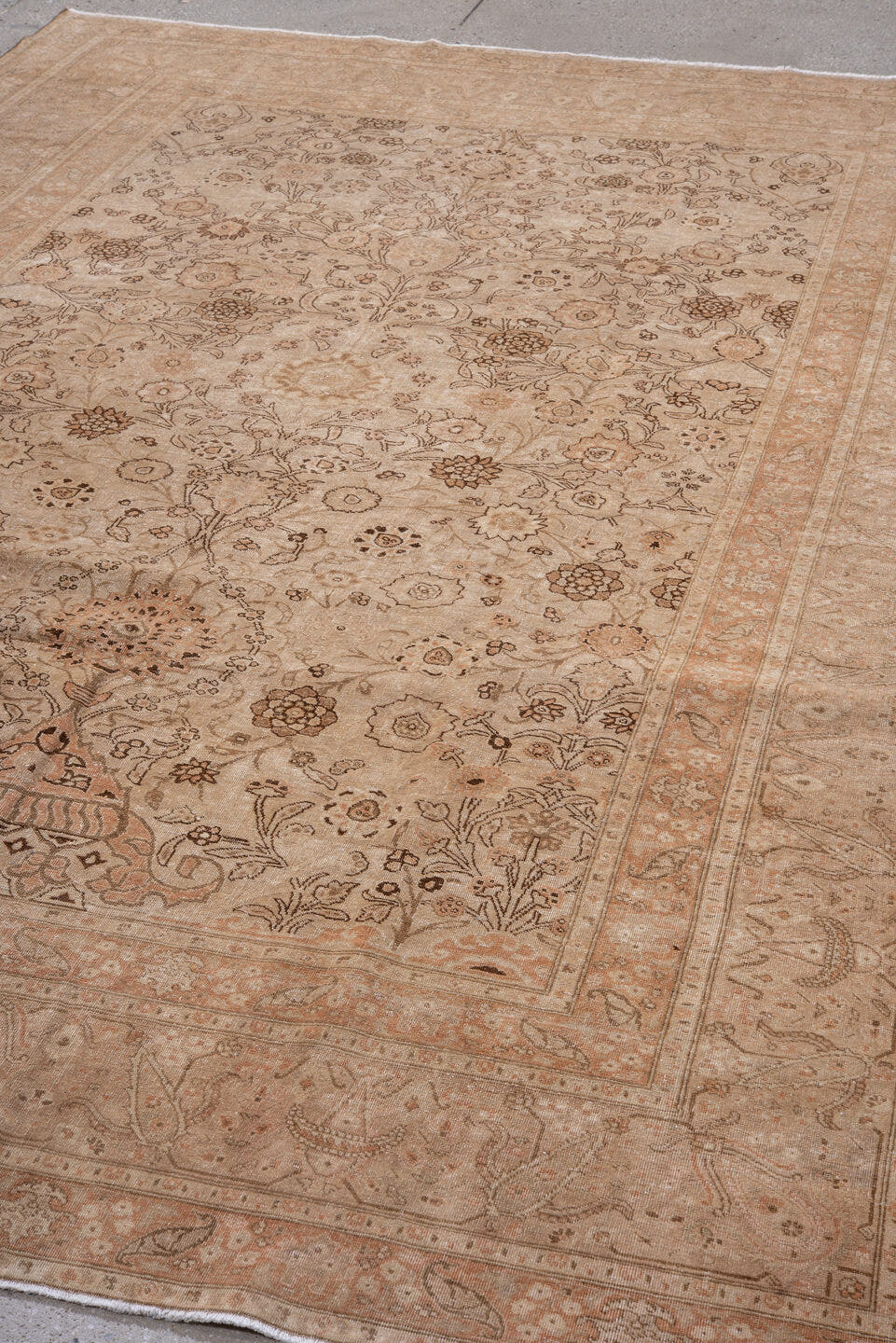 7' x 10' one-of-a-kind handmade antique Tabriz large size rug. Color palette: beige, blush, ivory, taupe, camel, peach