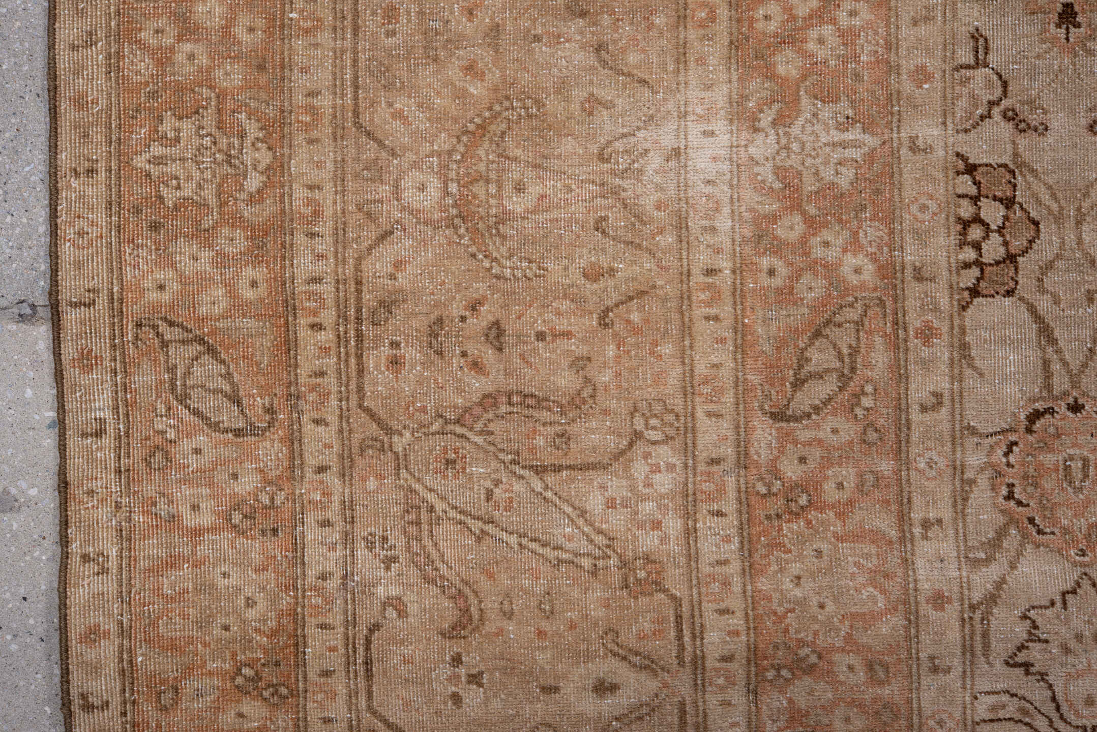 7' x 10' one-of-a-kind handmade antique Tabriz large size rug. Color palette: beige, blush, ivory, taupe, camel, peach