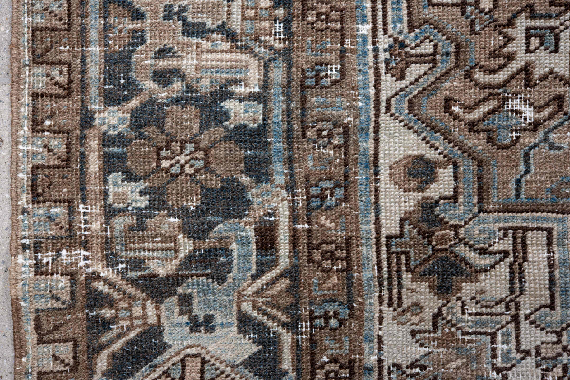 7' x 10' one-of-a-kind handmade antique Heriz large size rug. Color palette: taupe, brown, ivory, slate, charcoal, camel