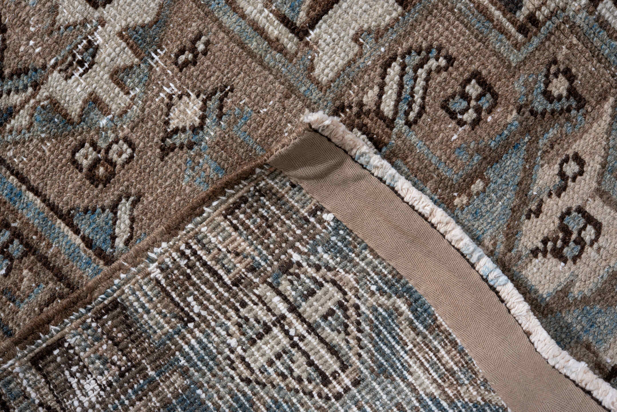 7' x 10' one-of-a-kind handmade antique Heriz large size rug. Color palette: taupe, brown, ivory, slate, charcoal, camel