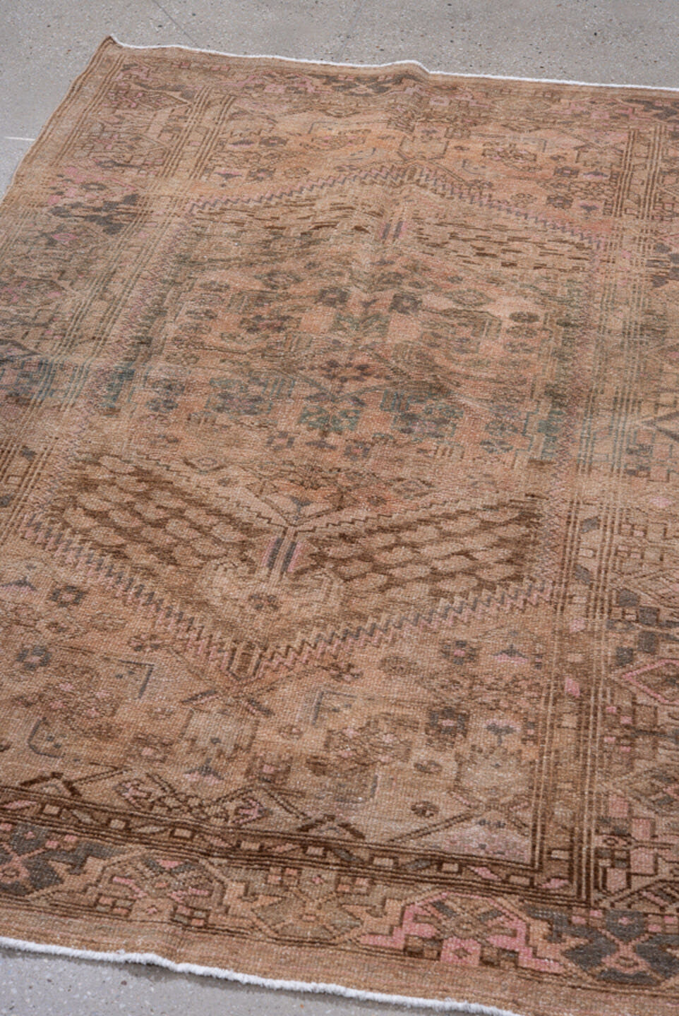 4' x 6' one-of-a-kind handmade antique Malayer small size rug. Color palette: blush, taupe, brown, charcoal, ivory, rose