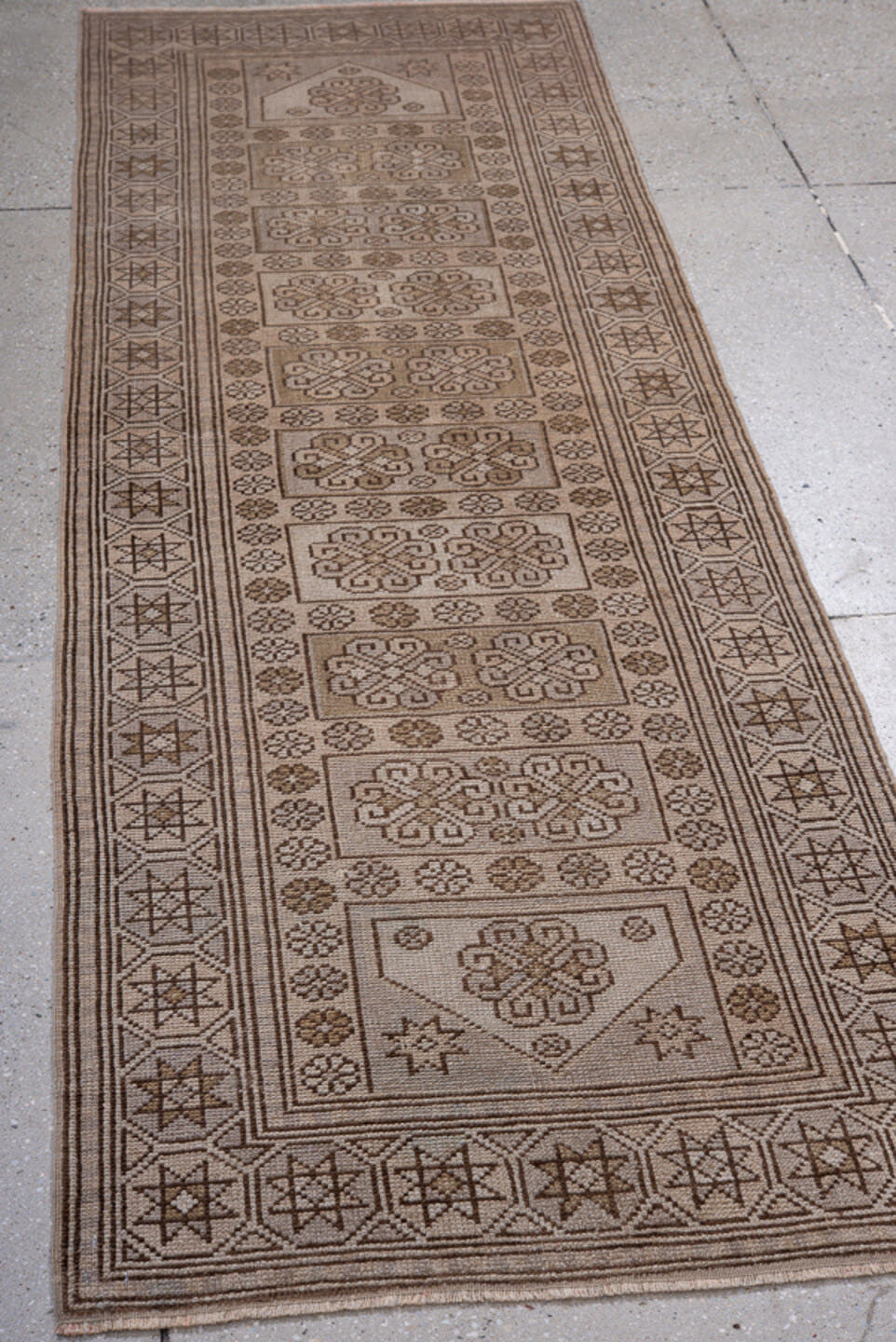 2' x 7' one-of-a-kind handmade antique Oushak runner rug. Color palette: taupe, brown, ivory, camel, beige, gray