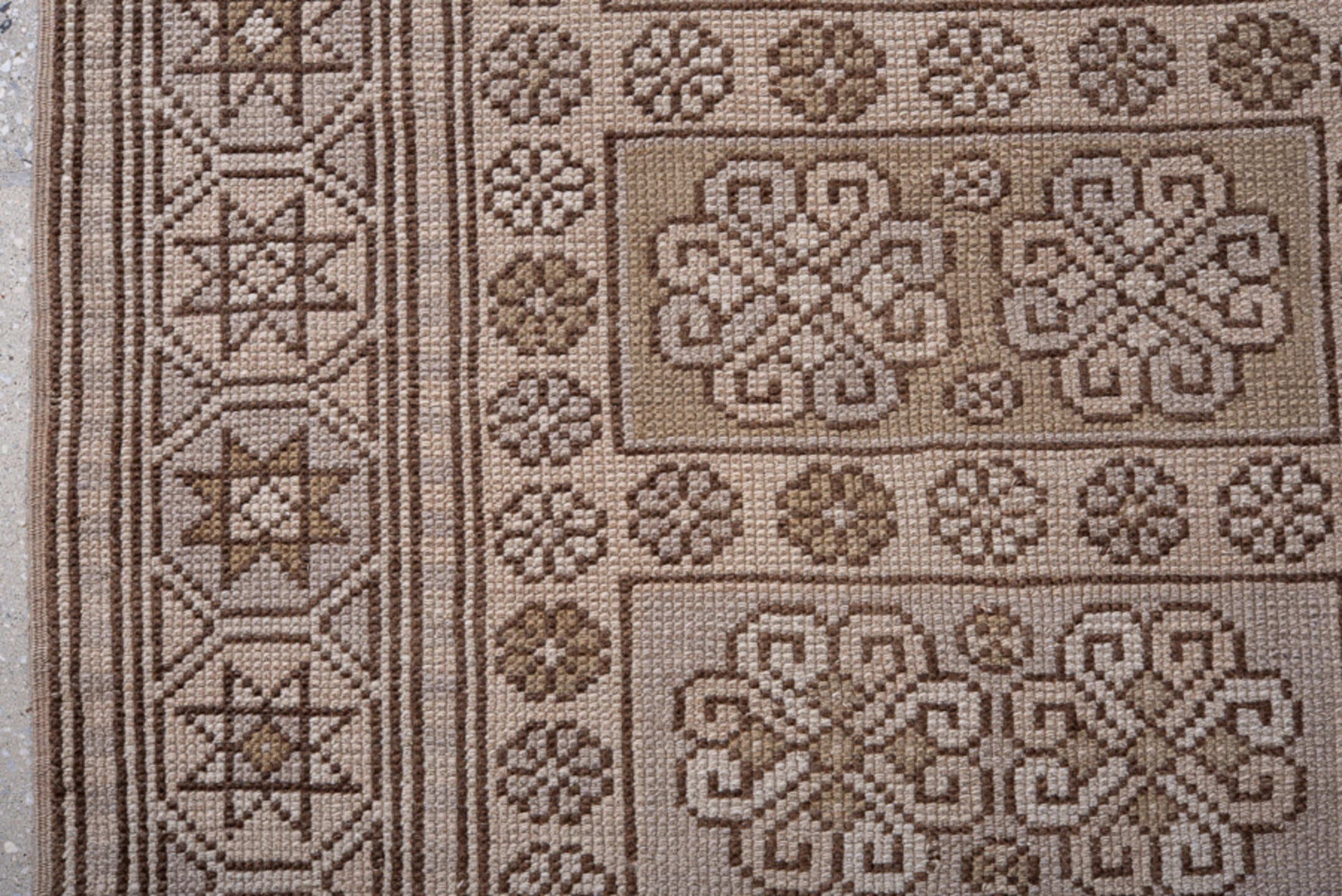 2' x 7' one-of-a-kind handmade antique Oushak runner rug. Color palette: taupe, brown, ivory, camel, beige, gray