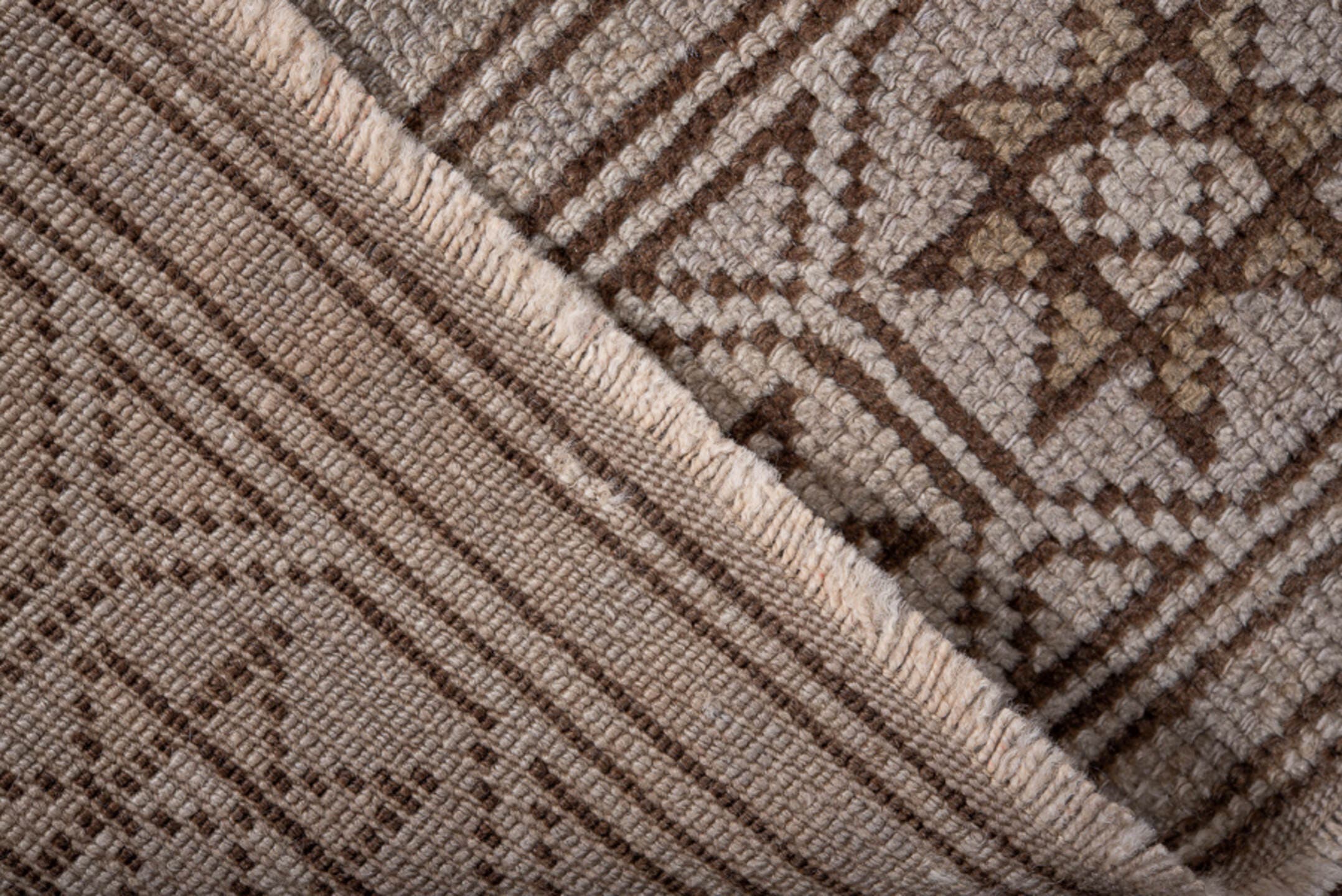 2' x 7' one-of-a-kind handmade antique Oushak runner rug. Color palette: taupe, brown, ivory, camel, beige, gray