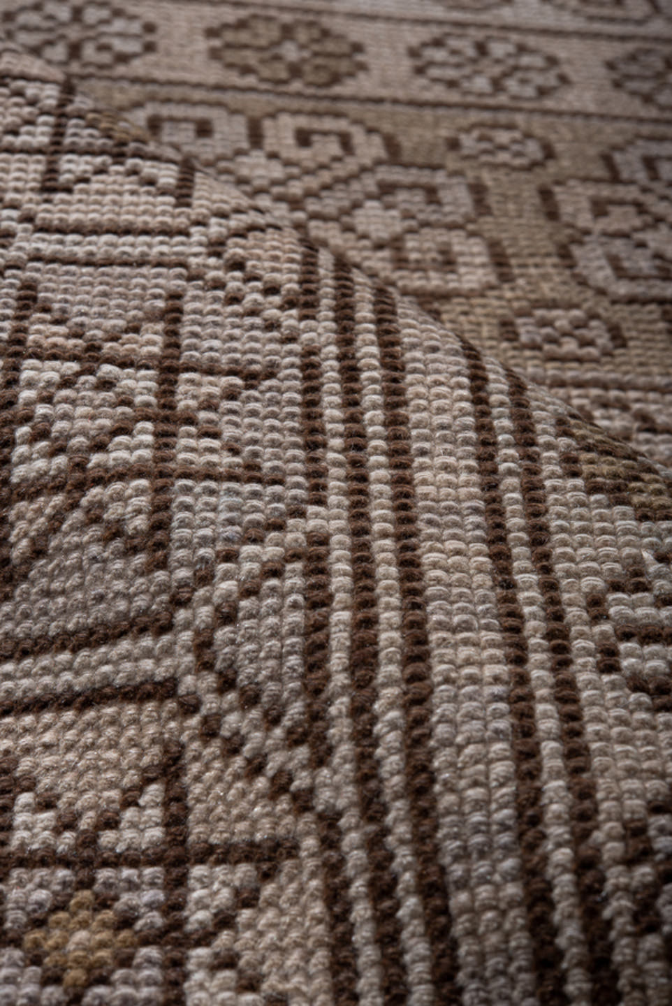 2' x 7' one-of-a-kind handmade antique Oushak runner rug. Color palette: taupe, brown, ivory, camel, beige, gray