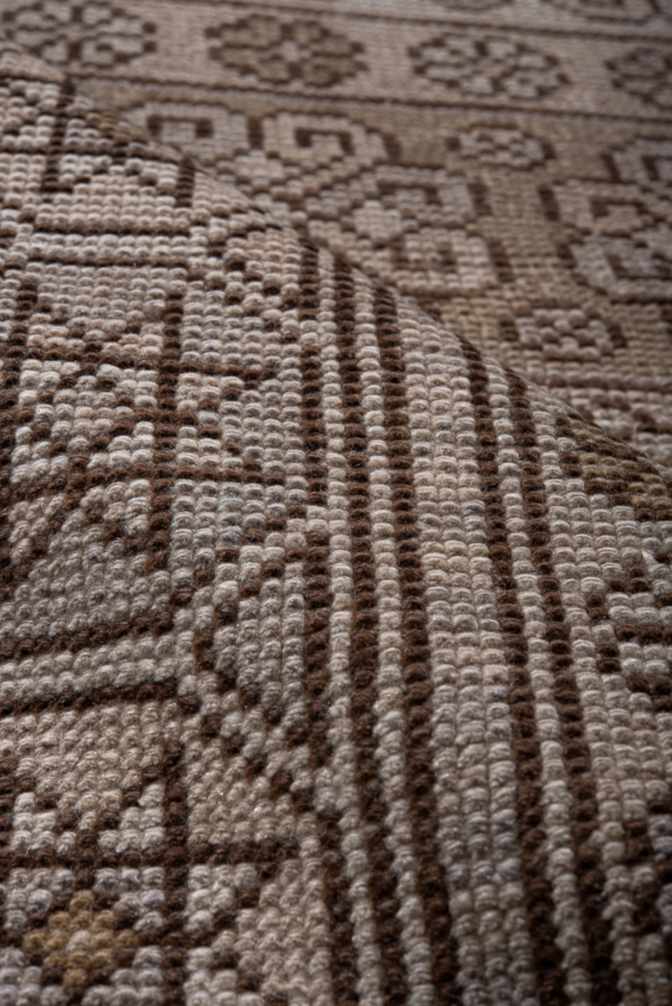 2' x 7' one-of-a-kind handmade antique Oushak runner rug. Color palette: taupe, brown, ivory, camel, beige, gray