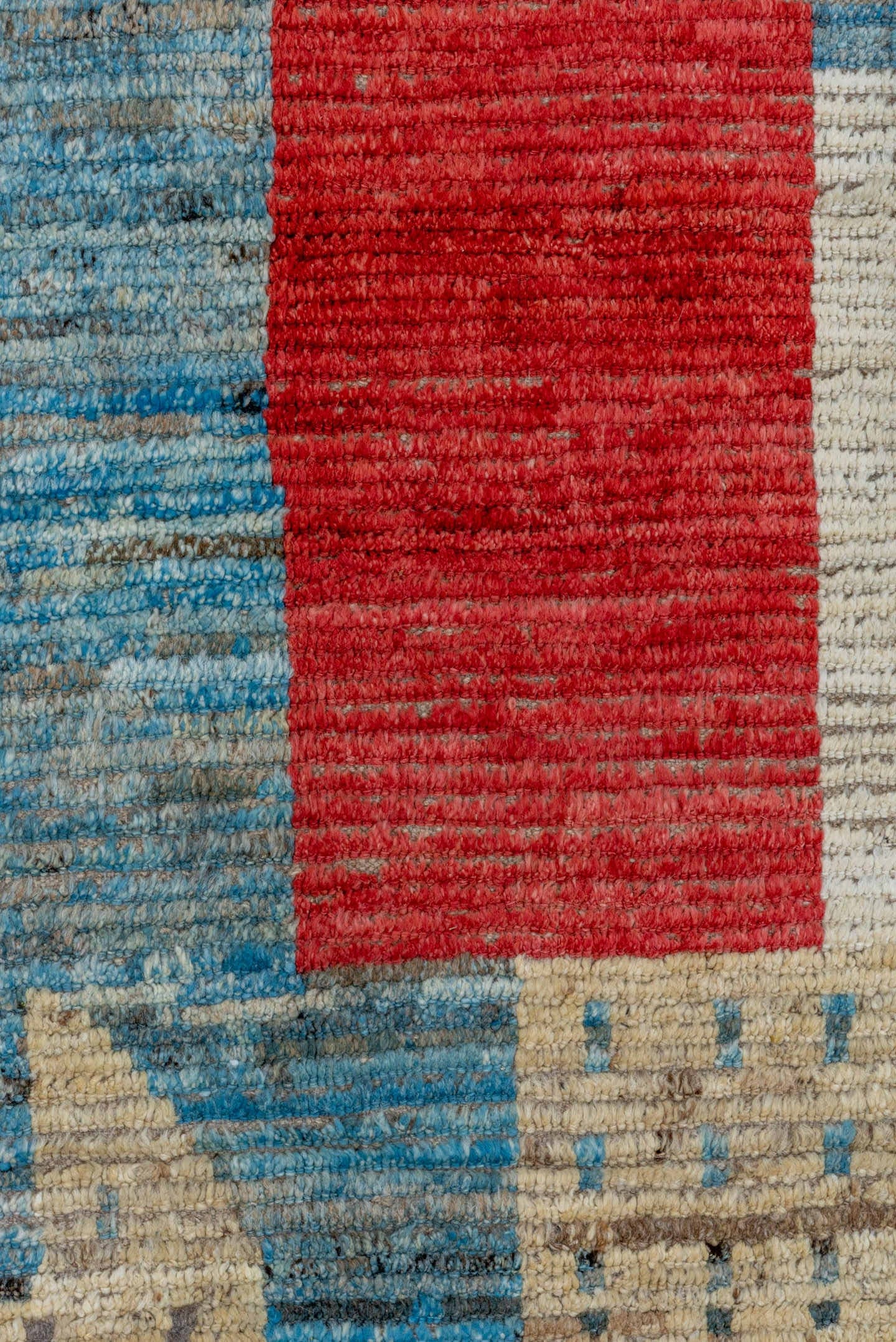 9' x 12' one-of-a-kind handmade vintage Tulu large size rug. Color palette: ivory, sky blue, crimson, gold, charcoal, rose