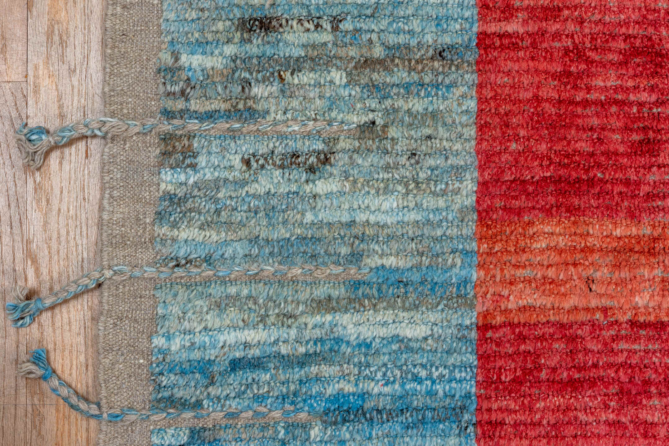 9' x 12' one-of-a-kind handmade vintage Tulu large size rug. Color palette: ivory, sky blue, crimson, gold, charcoal, rose