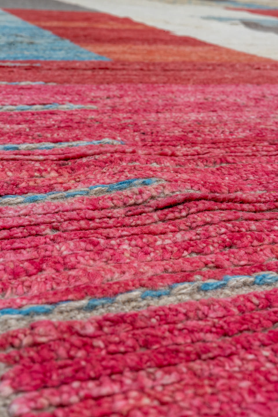 9' x 12' one-of-a-kind handmade vintage Tulu large size rug. Color palette: ivory, sky blue, crimson, gold, charcoal, rose
