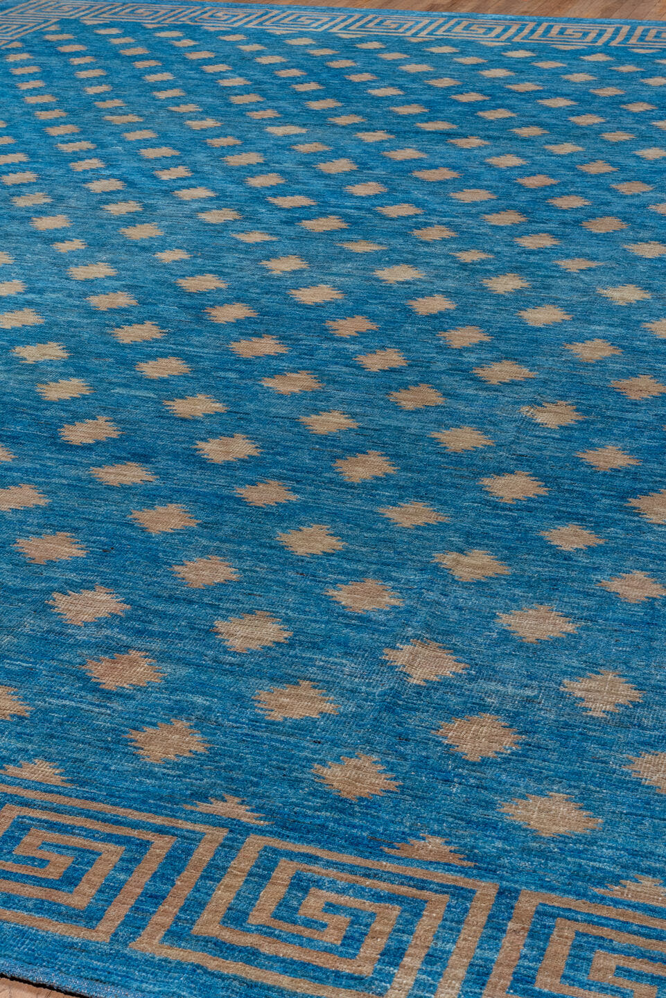 12' x 16' one-of-a-kind handmade handmade Modern oversize rug. Color palette: turquoise, ivory, sky blue, teal, light blue