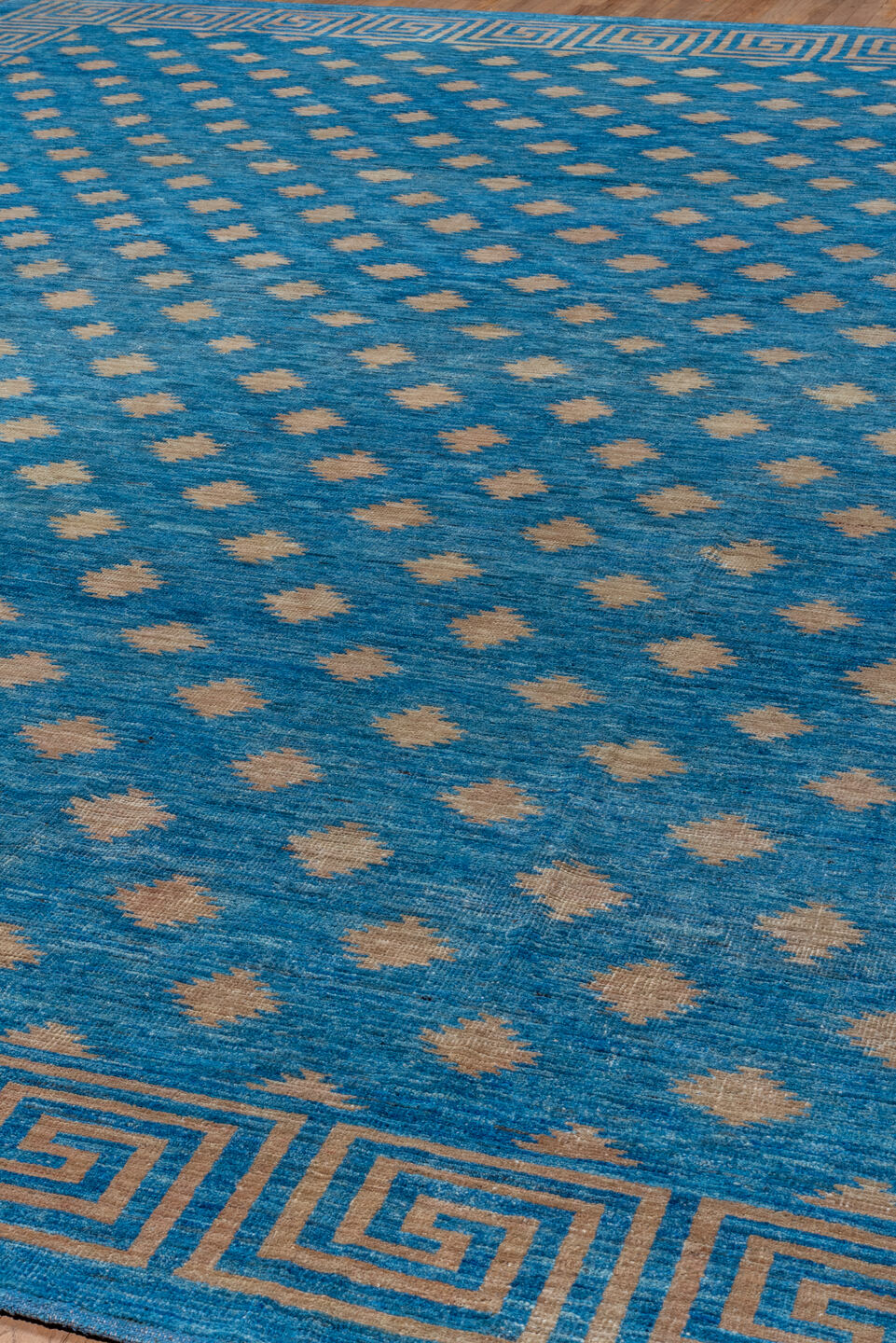 12' x 16' one-of-a-kind handmade vintage Modern oversize rug. Color palette: blue, dark gray, gray, light blue, light gray