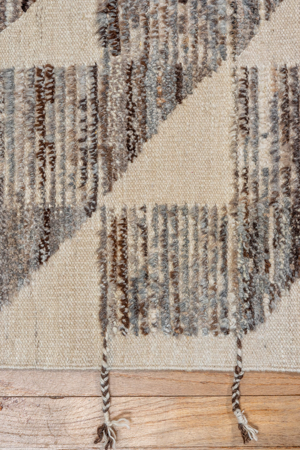 9' x 14' one-of-a-kind handmade vintage Tulu large size rug. Color palette: ivory, slate, taupe, brown, gray, beige