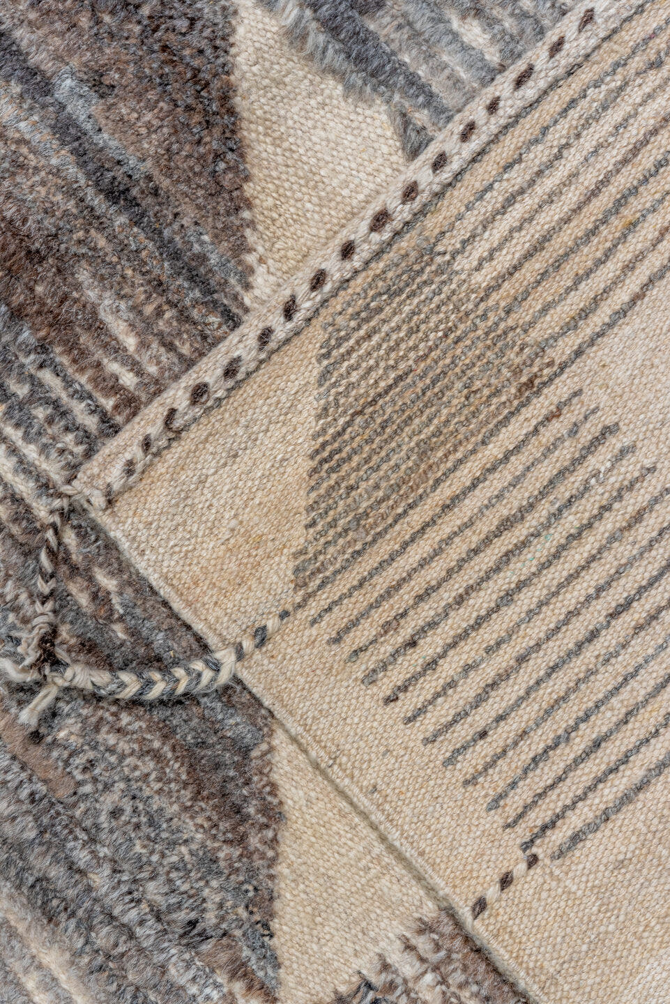 9' x 14' one-of-a-kind handmade vintage Tulu large size rug. Color palette: ivory, slate, taupe, brown, gray, beige