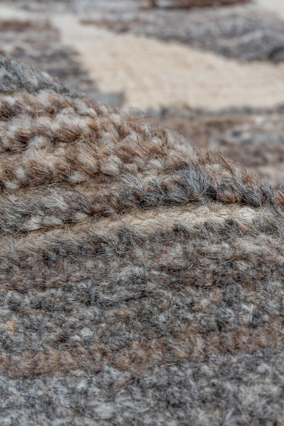 9' x 14' one-of-a-kind handmade vintage Tulu large size rug. Color palette: black, brown, dark gray, dim gray, gray