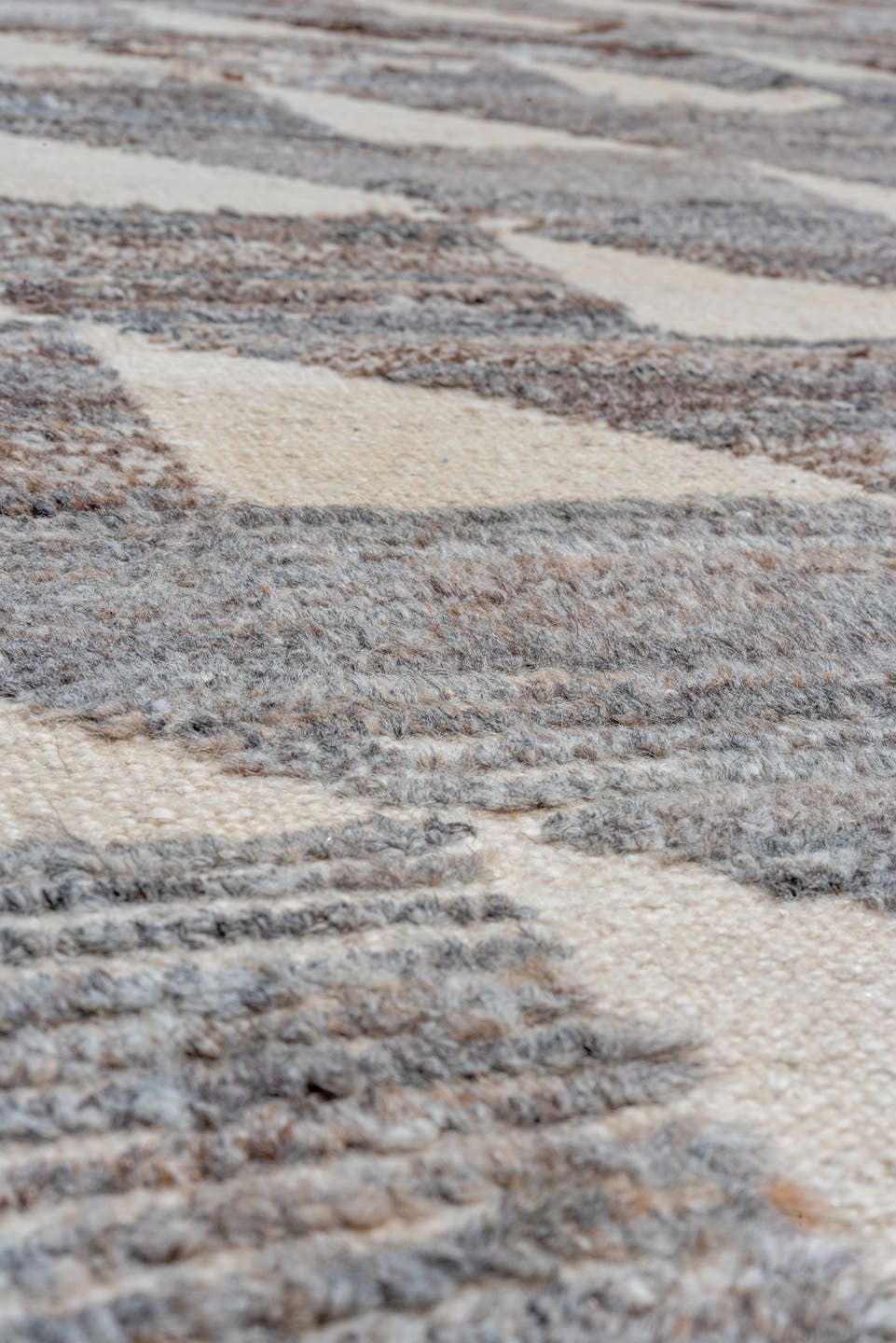 9' x 14' one-of-a-kind handmade vintage Tulu large size rug. Color palette: ivory, slate, taupe, brown, gray, beige