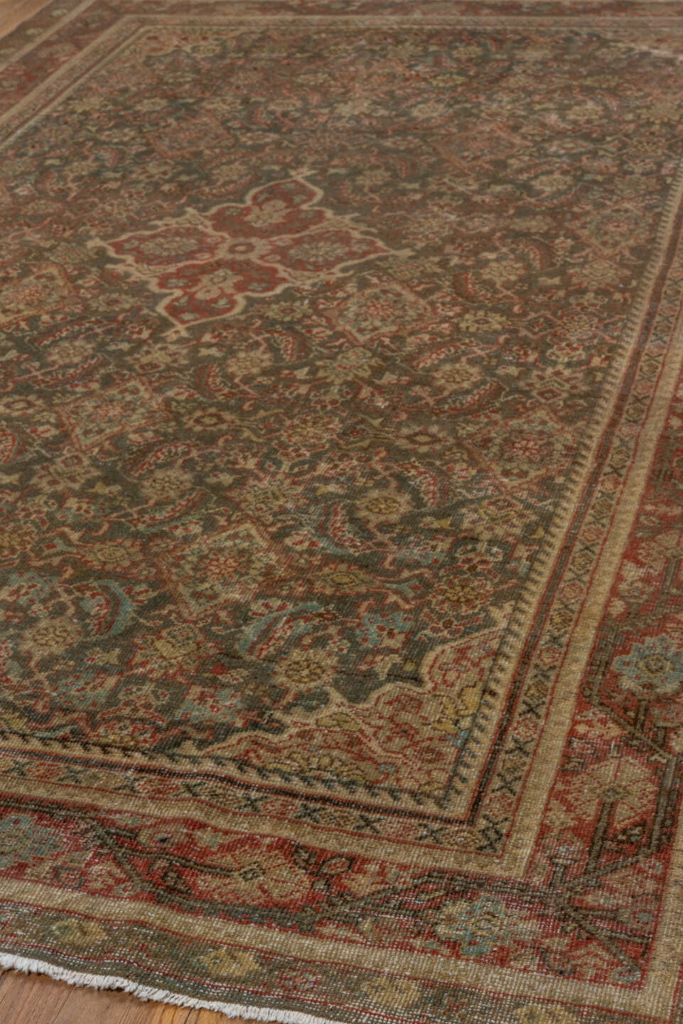 6' x 10' one-of-a-kind handmade antique Mahal large size rug. Color palette: taupe, rust, ivory, slate, brown, sage
