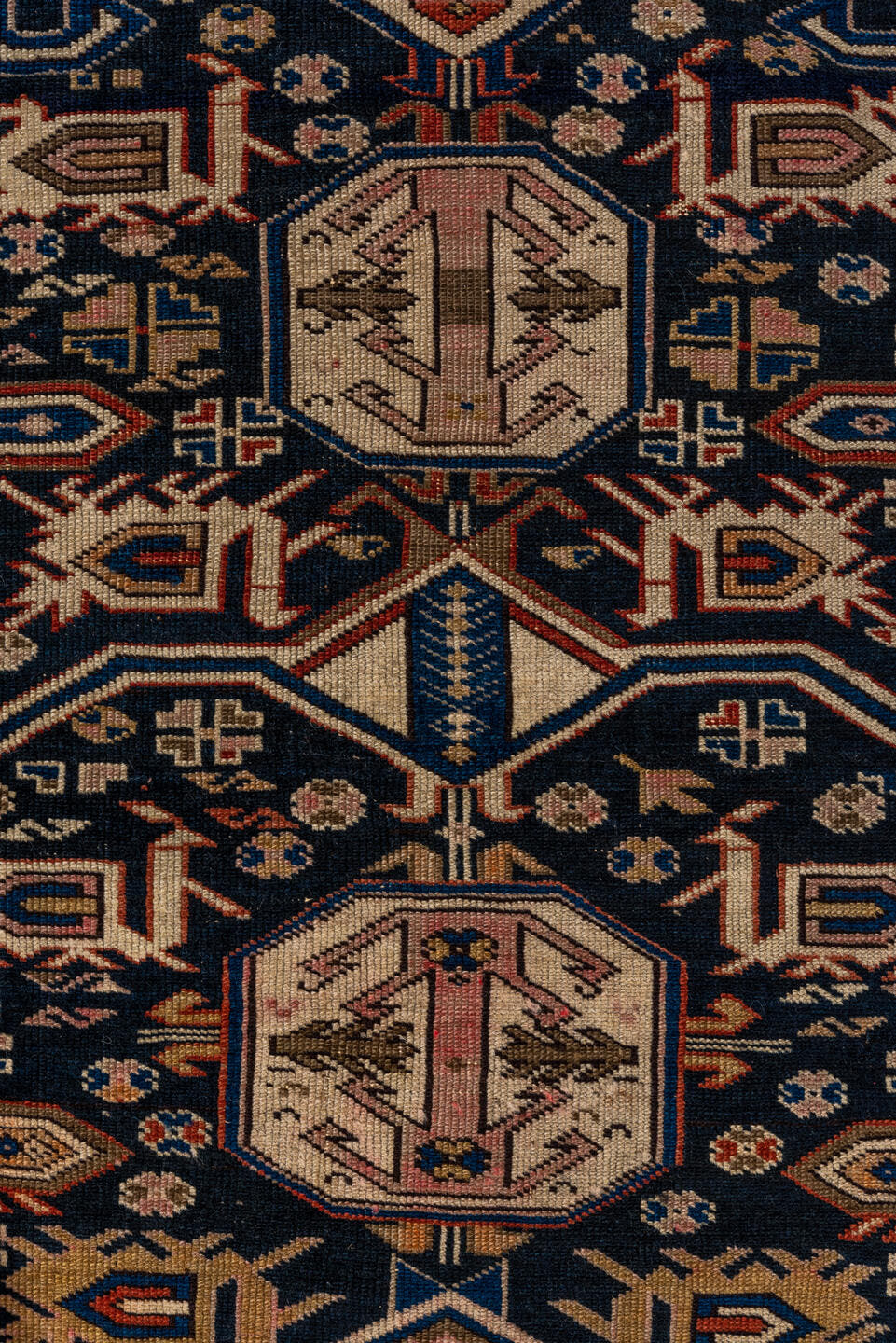 3' x 5' one-of-a-kind handmade antique Perpedil small size rug. Color palette: navy, ivory, camel, sky_blue, rust, rose