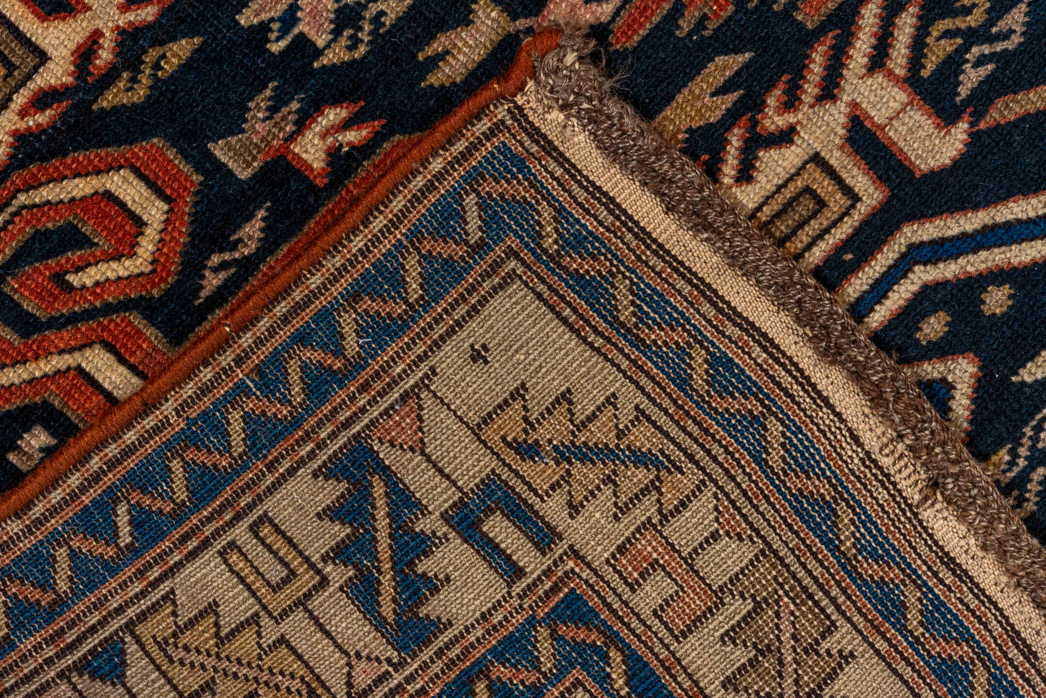 3' x 5' one-of-a-kind handmade antique Perpedil small size rug. Color palette: navy, ivory, camel, sky_blue, rust, rose