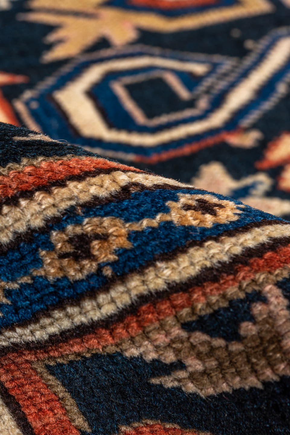 3' x 5' one-of-a-kind handmade antique Perpedil small size rug. Color palette: navy, ivory, camel, sky_blue, rust, rose