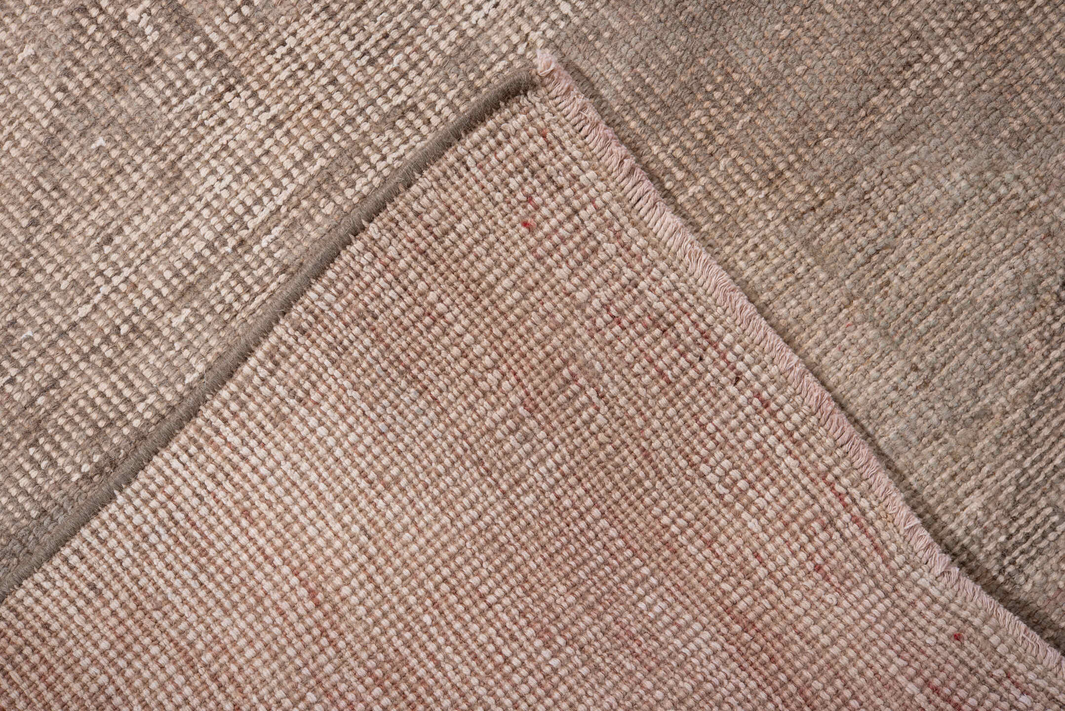 3' x 12' one-of-a-kind handmade vintage Anatol runner rug. Color palette: brown, gray, light gray, off-white, pink, snow