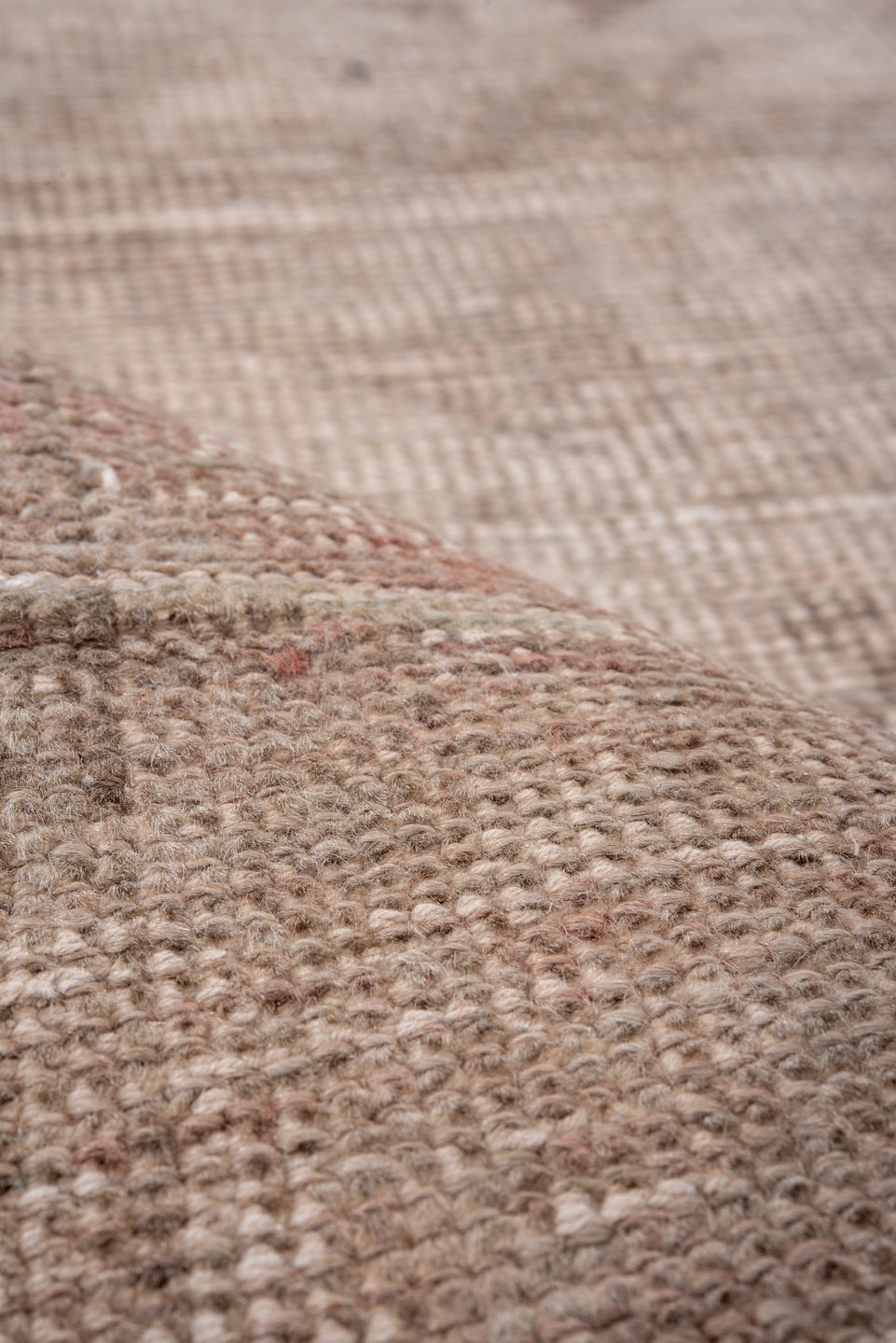 3' x 12' one-of-a-kind handmade vintage Anatol runner rug. Color palette: brown, gray, light gray, off-white, pink, snow