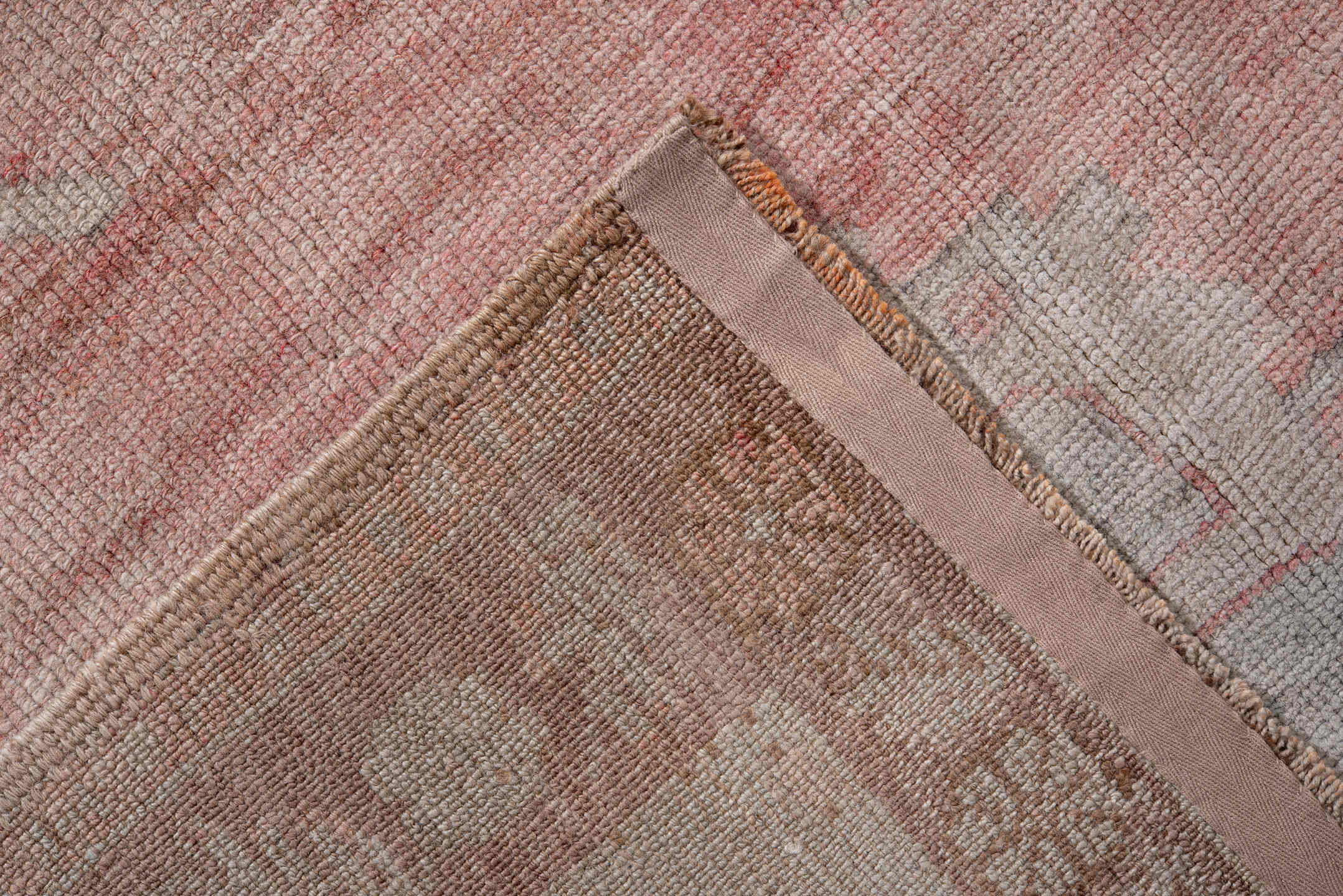 5' x 9' one-of-a-kind handmade antique Oushak medium size rug. Color palette: coral, taupe, ivory, rose, beige, soft gray