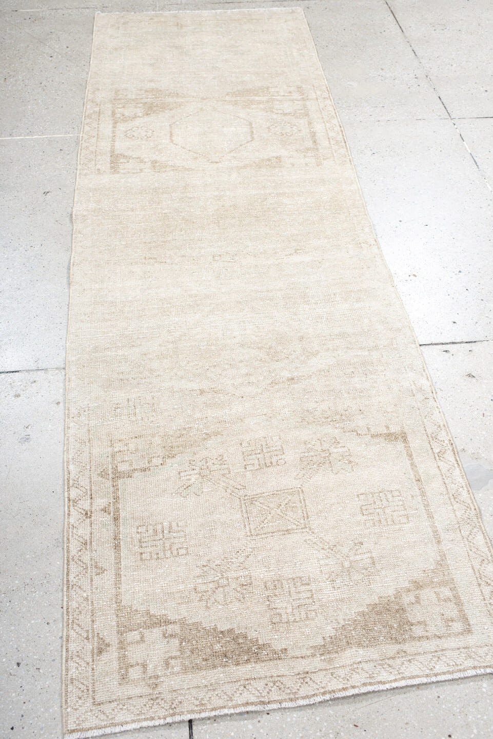 2' x 8' one-of-a-kind handmade antique Anatolian runner rug. Color palette: ivory, cream, beige, taupe, gray